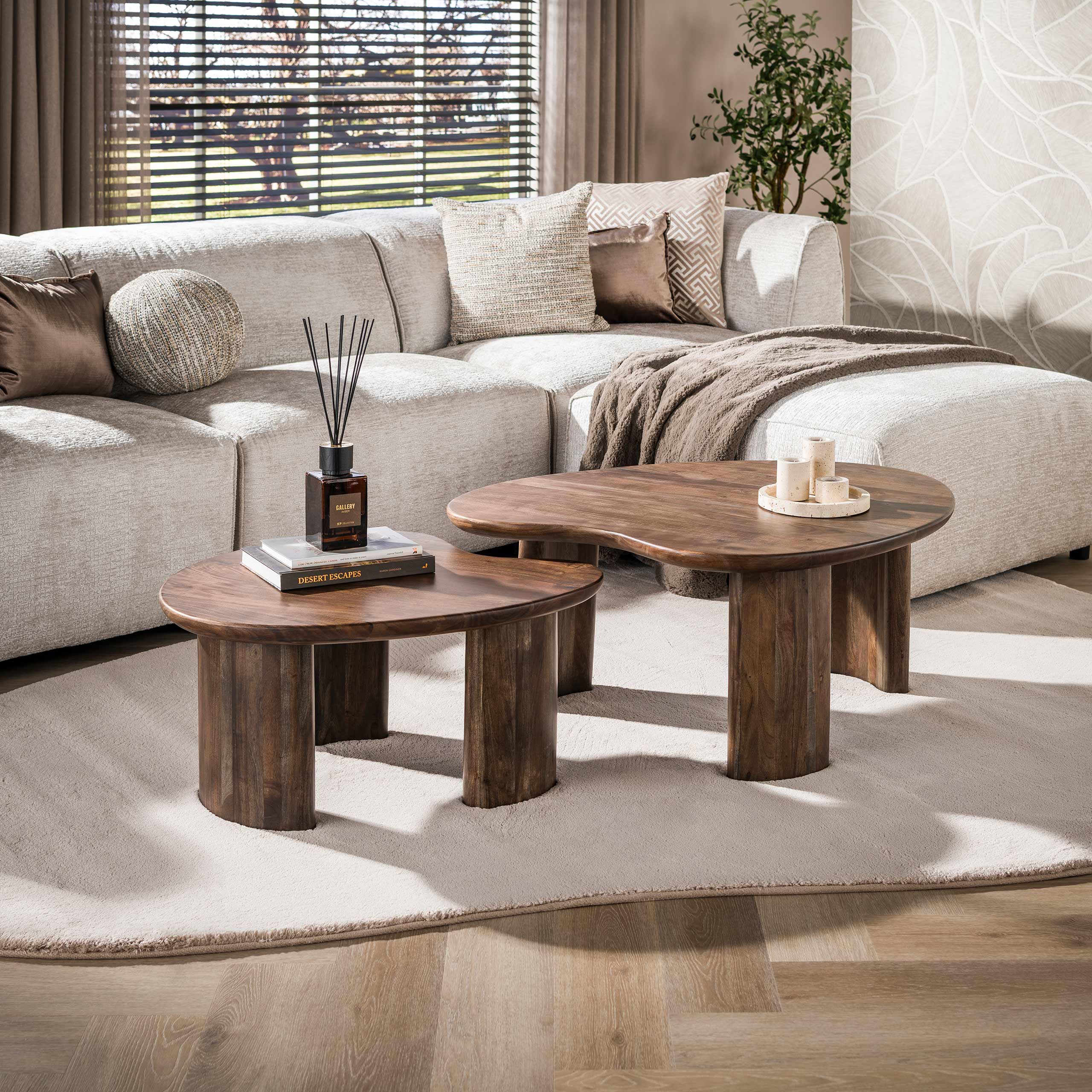 Coffee table set Mova (2-piece) in brown solid acacia wood (Massief acacia bruin) - Emmo Design