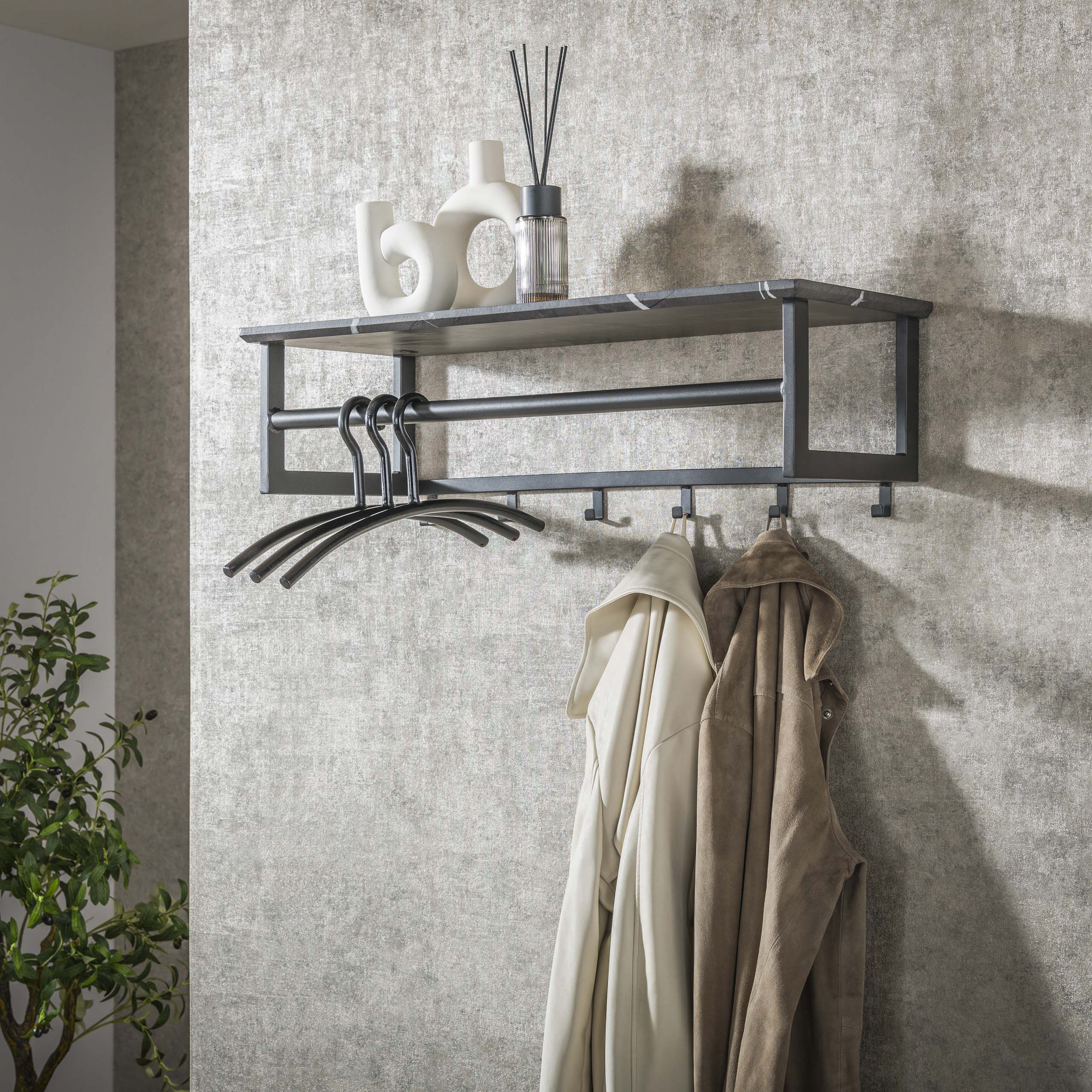 Kapstok Tenaro roede en hoedenplank 6 haken / 3D melamine graphite - Zijlstra