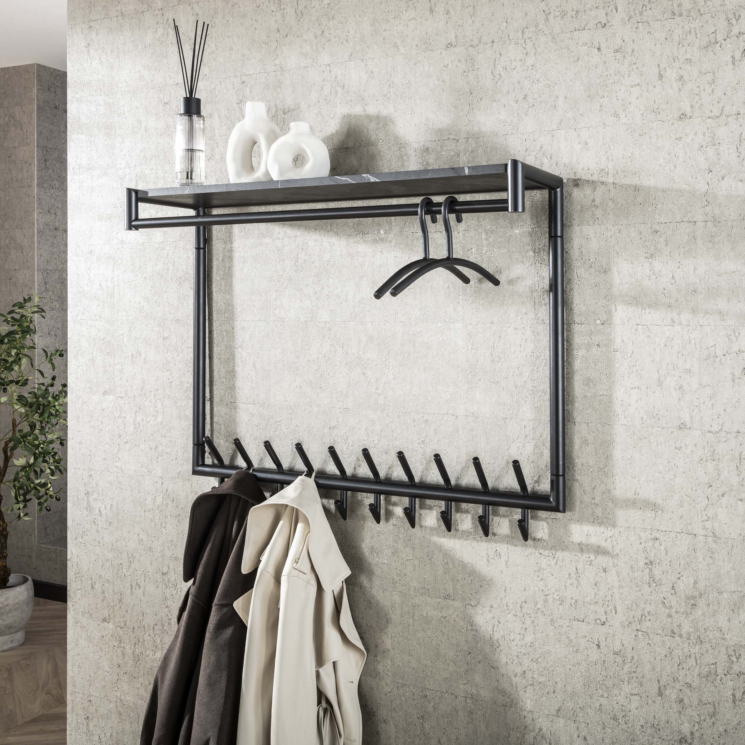 Kapstok Tenaro hoog roede en hoedenplank 2x10 haken / 3D melamine graphite - Zijlstra