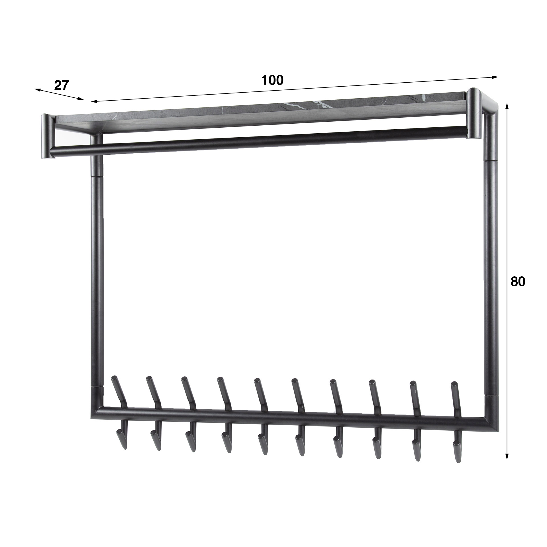 Coat rack Tenaro tall rail and hat shelf 2x10 hooks / 3D melamine graphite - Zijlstra