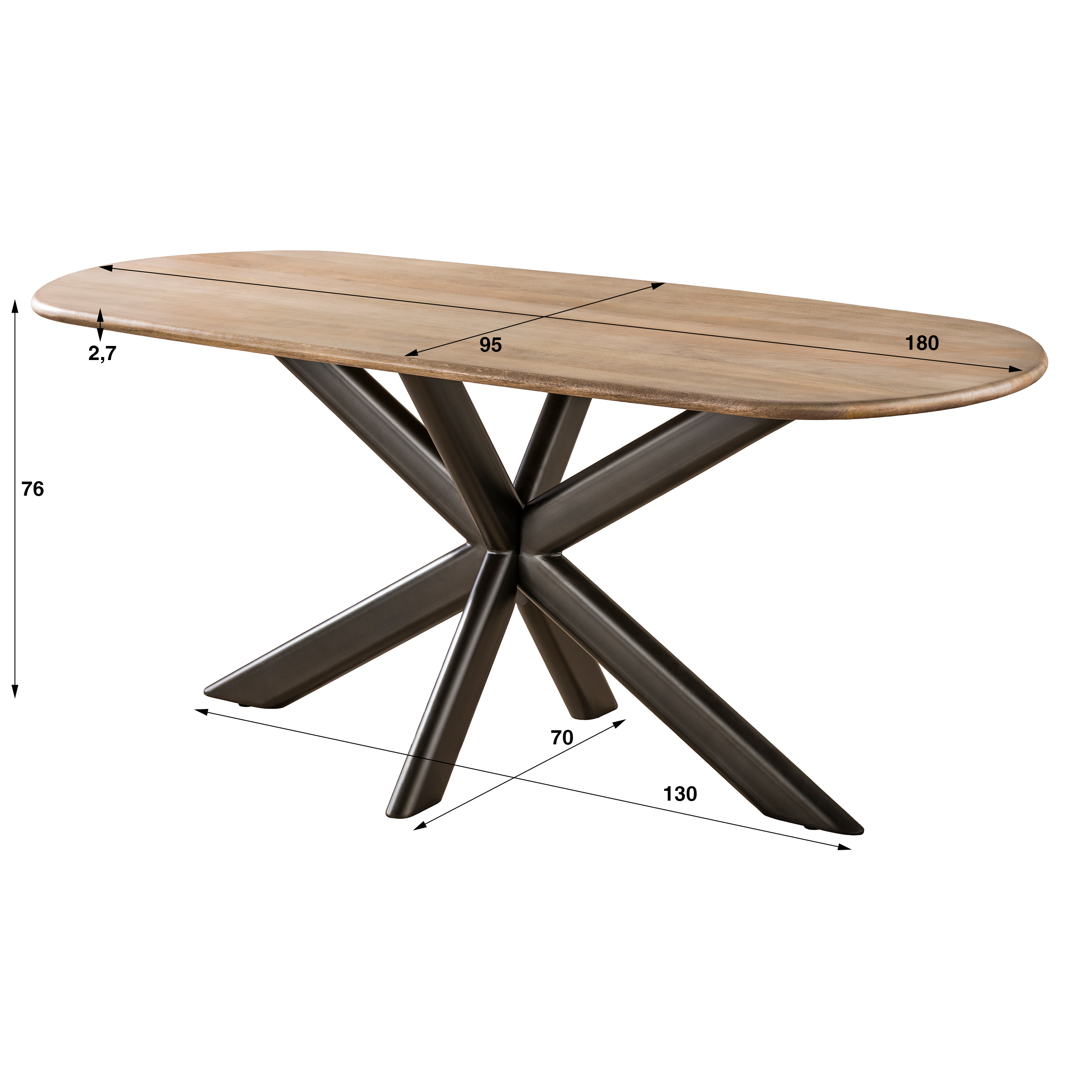 Eettafel Cliff ovale buis 180cm / Massief mango zand - Zijlstra