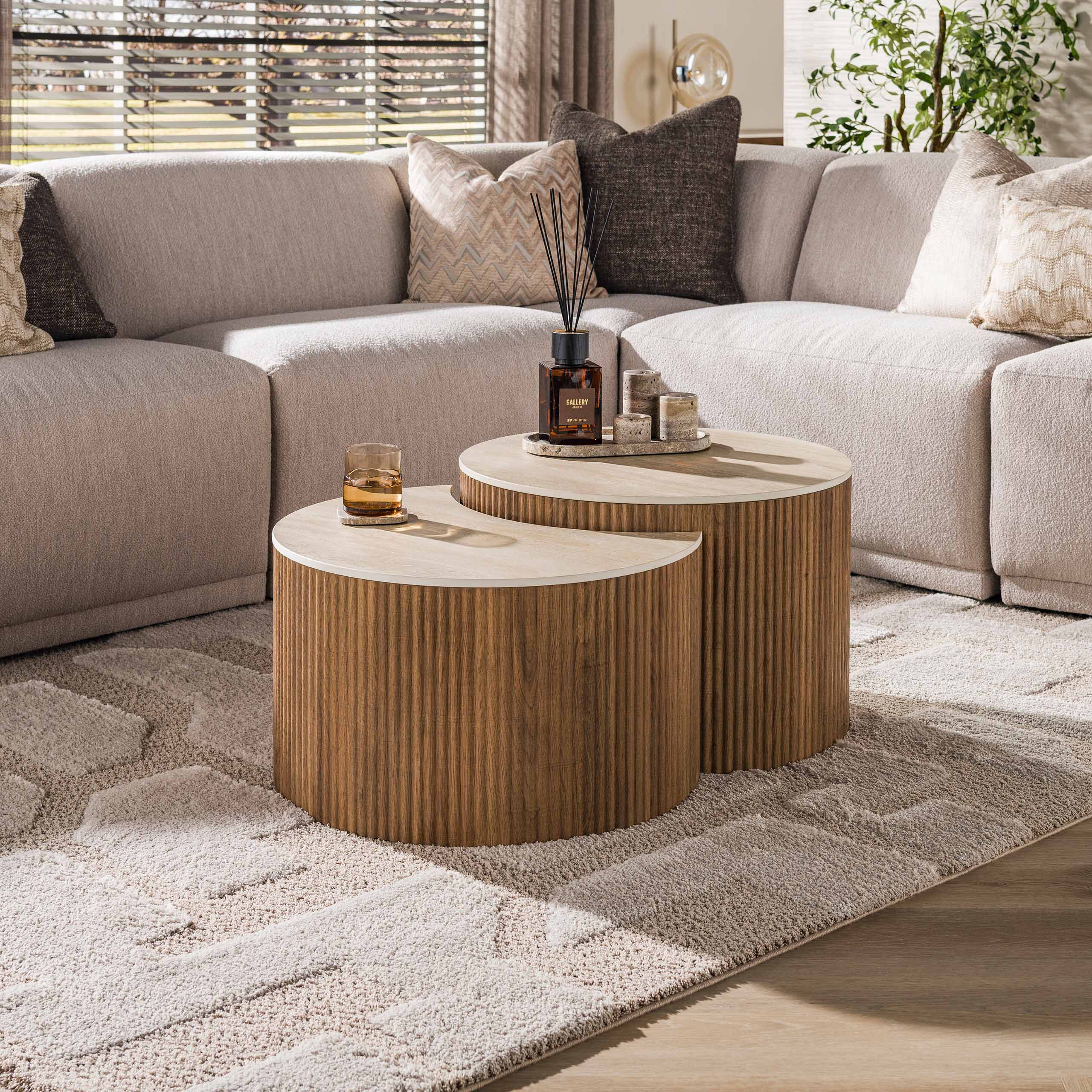 Salontafel Ceramo half rond set van 2 / 3D keramiek travertin - Zijlstra