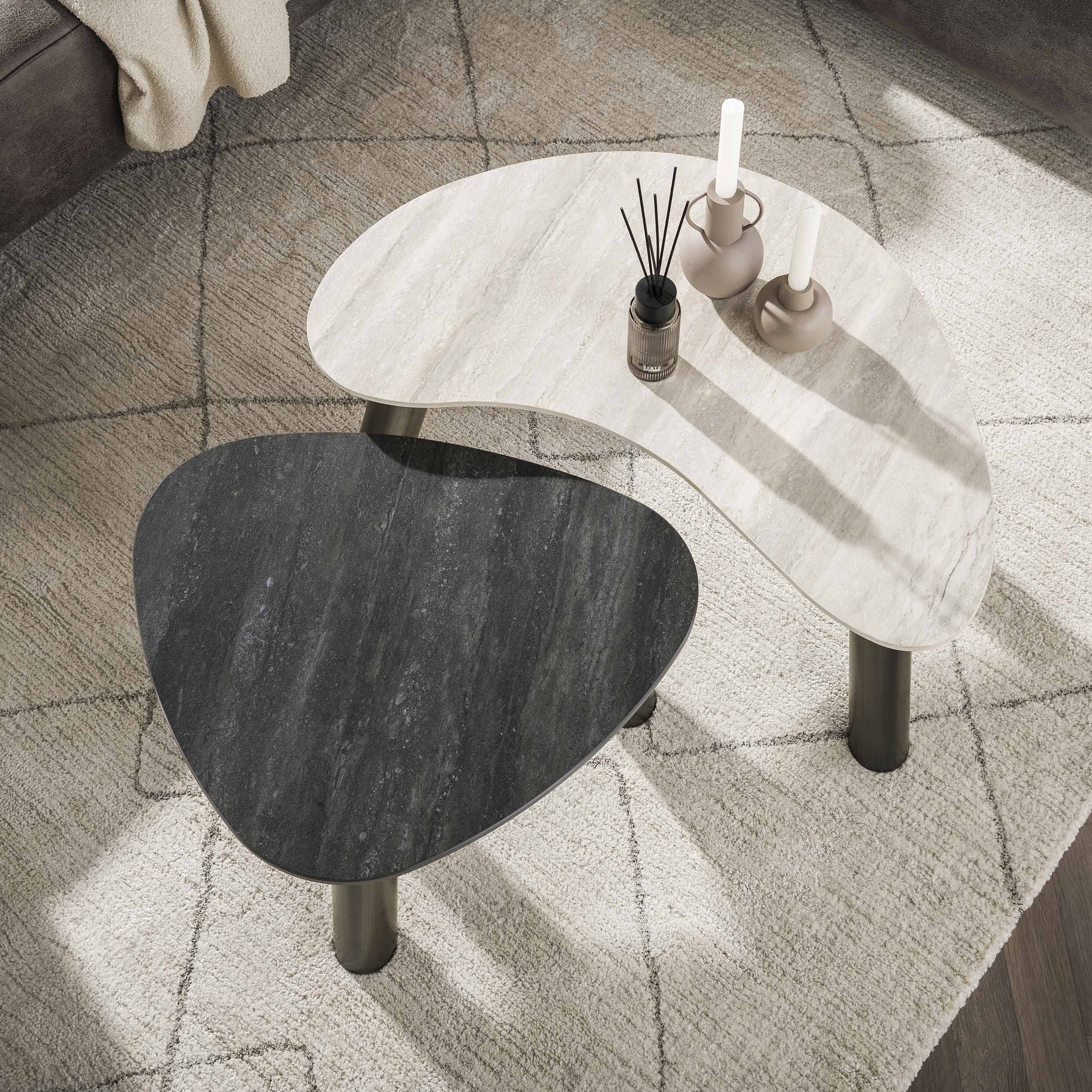 Salontafel Twin organisch set van 2 / 3D keramiek travertin zwart/grijs - Zijlstra