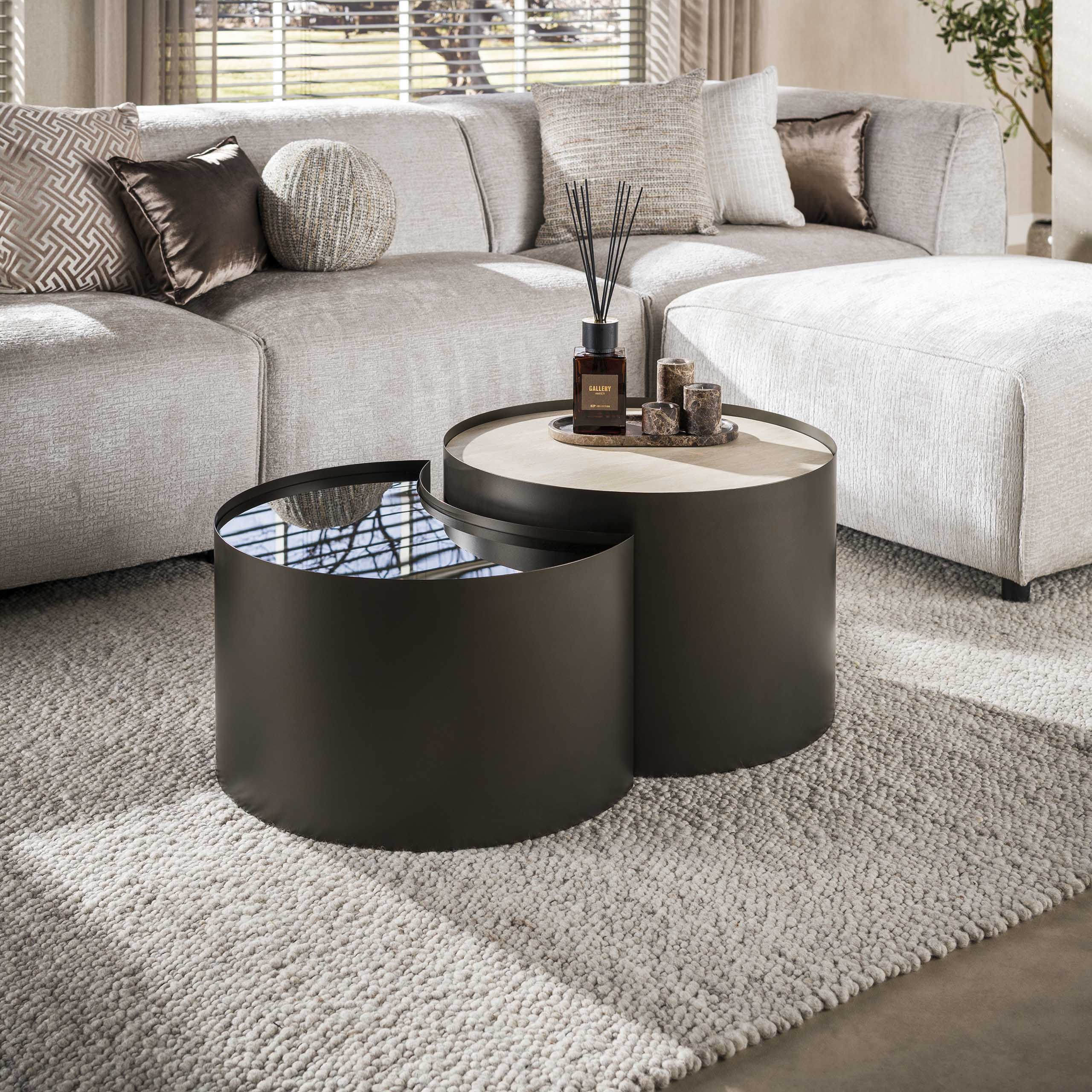 Coffee Table Metal half moon set of 2 / 3D ceramic travertine - Zijlstra