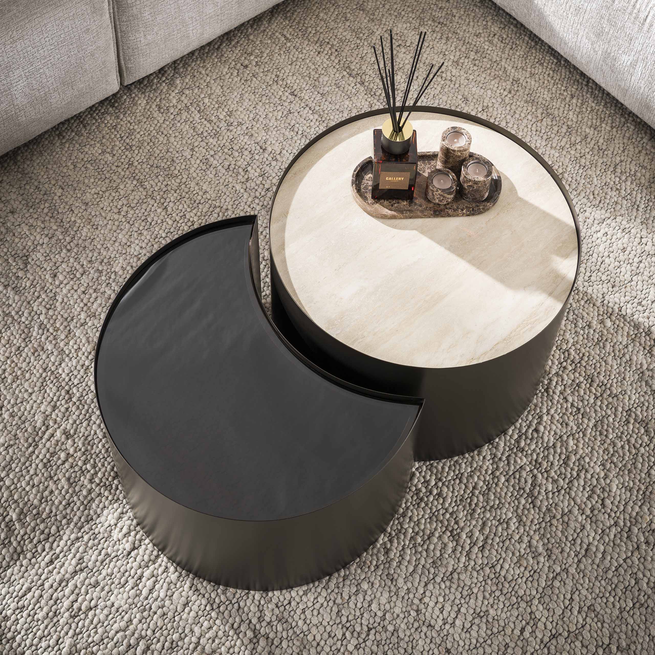 Salontafel Metal half moon set van 2 / 3D keramiek travertin - Zijlstra
