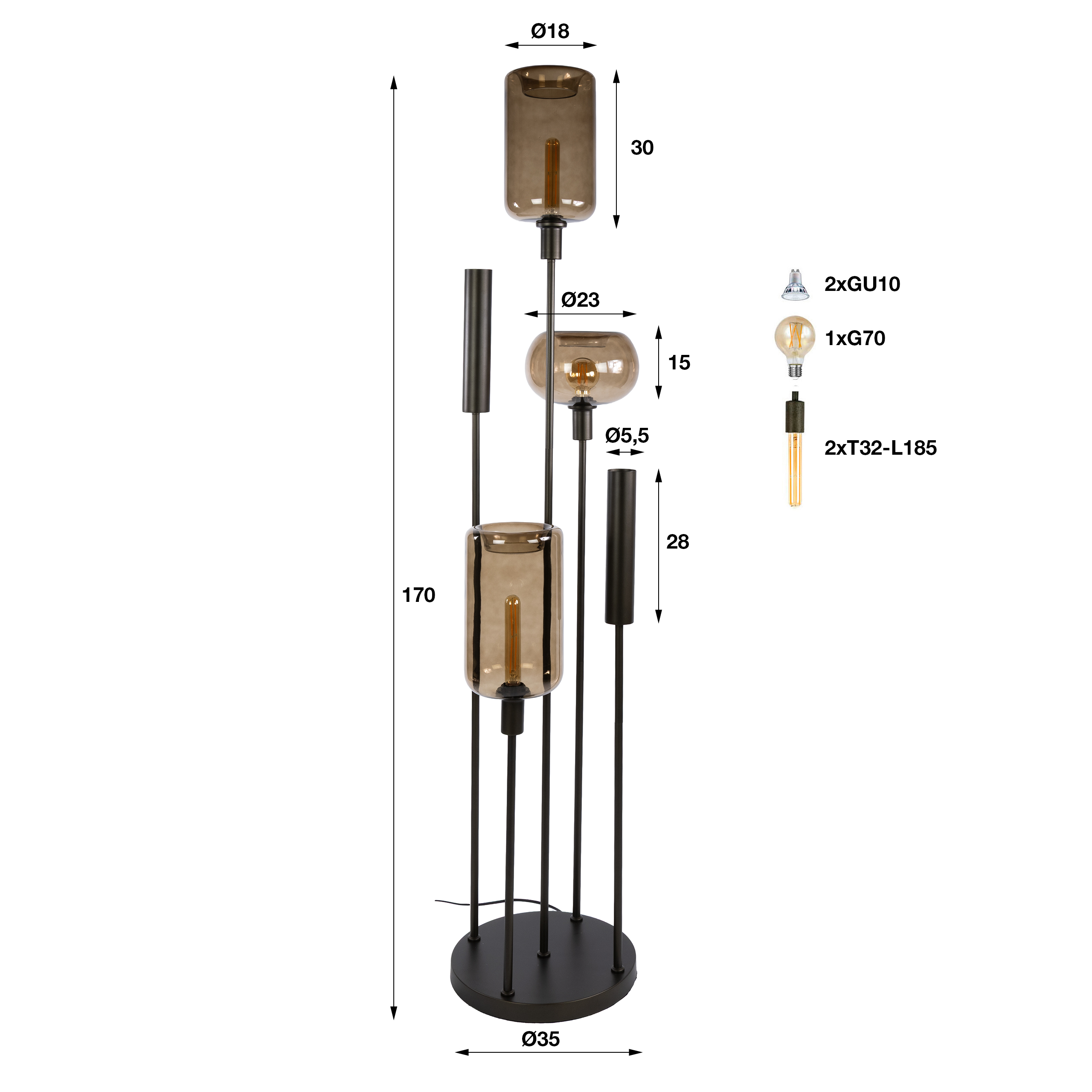 Lámpara de pie Serene switch escalonada 2+3 luces / Sienna bruin - Zijlstra