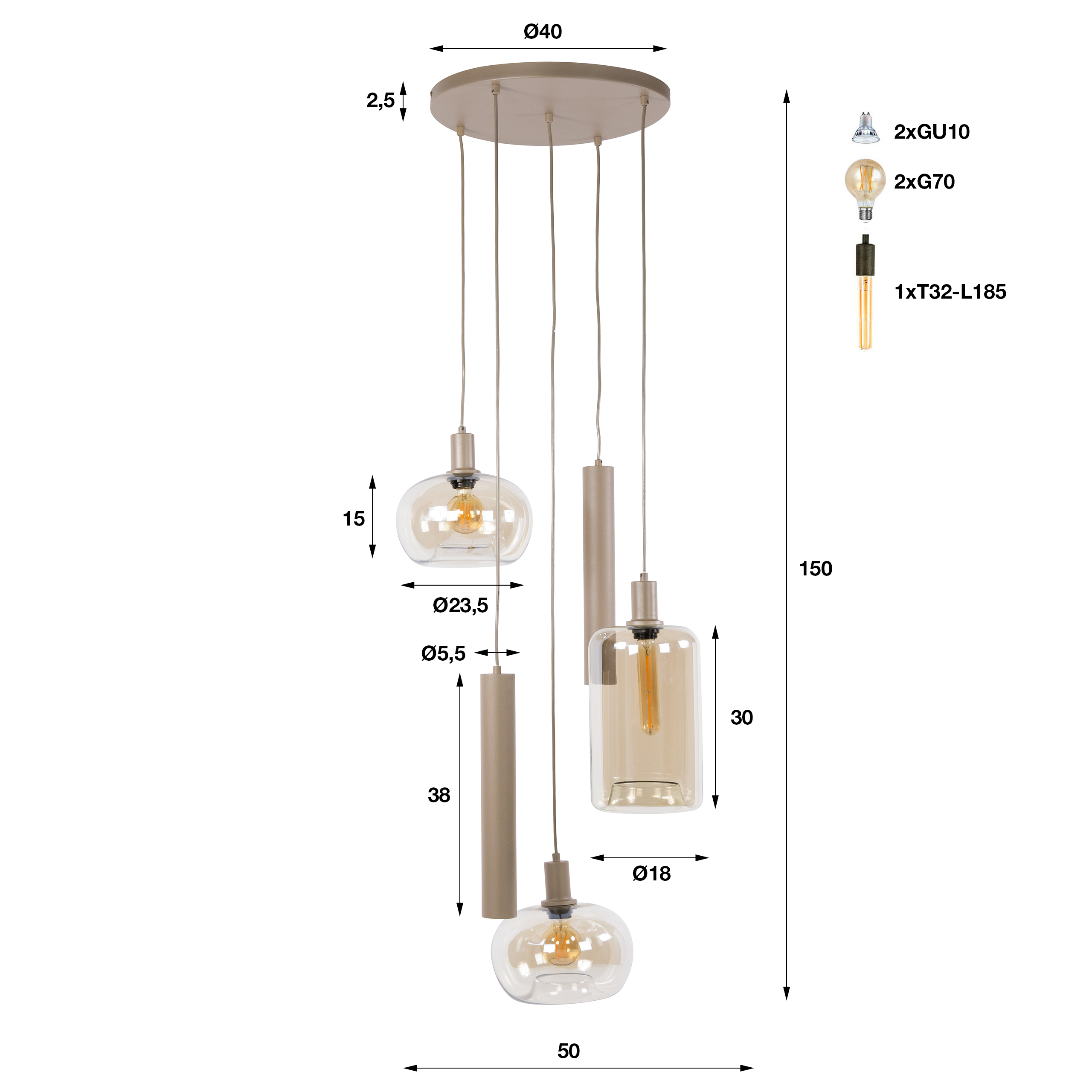 Lámpara colgante Serene escalonada 5 luces / Beige - Zijlstra