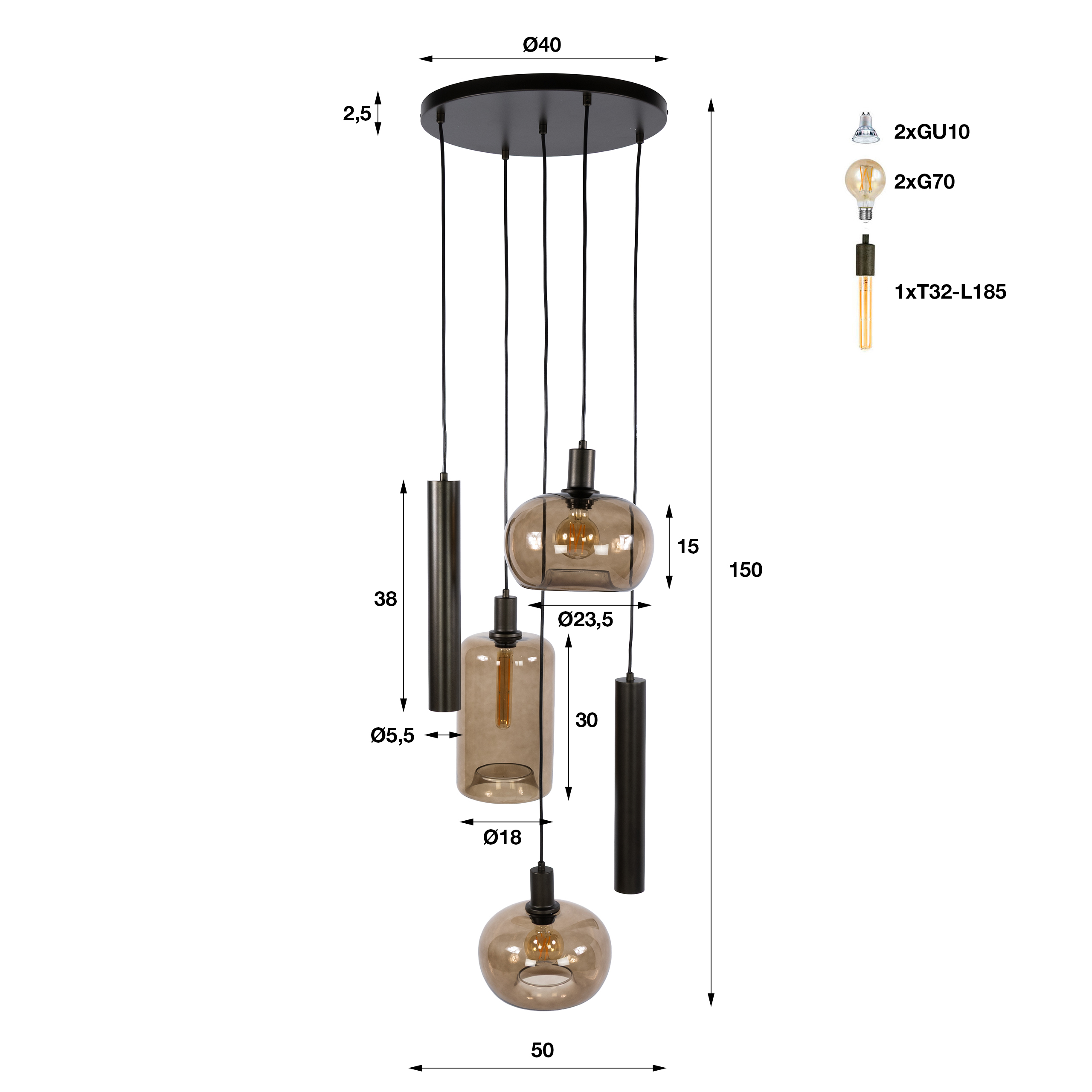 Lámpara colgante Serene escalonada de 5 luces / marrón Sienna - Zijlstra