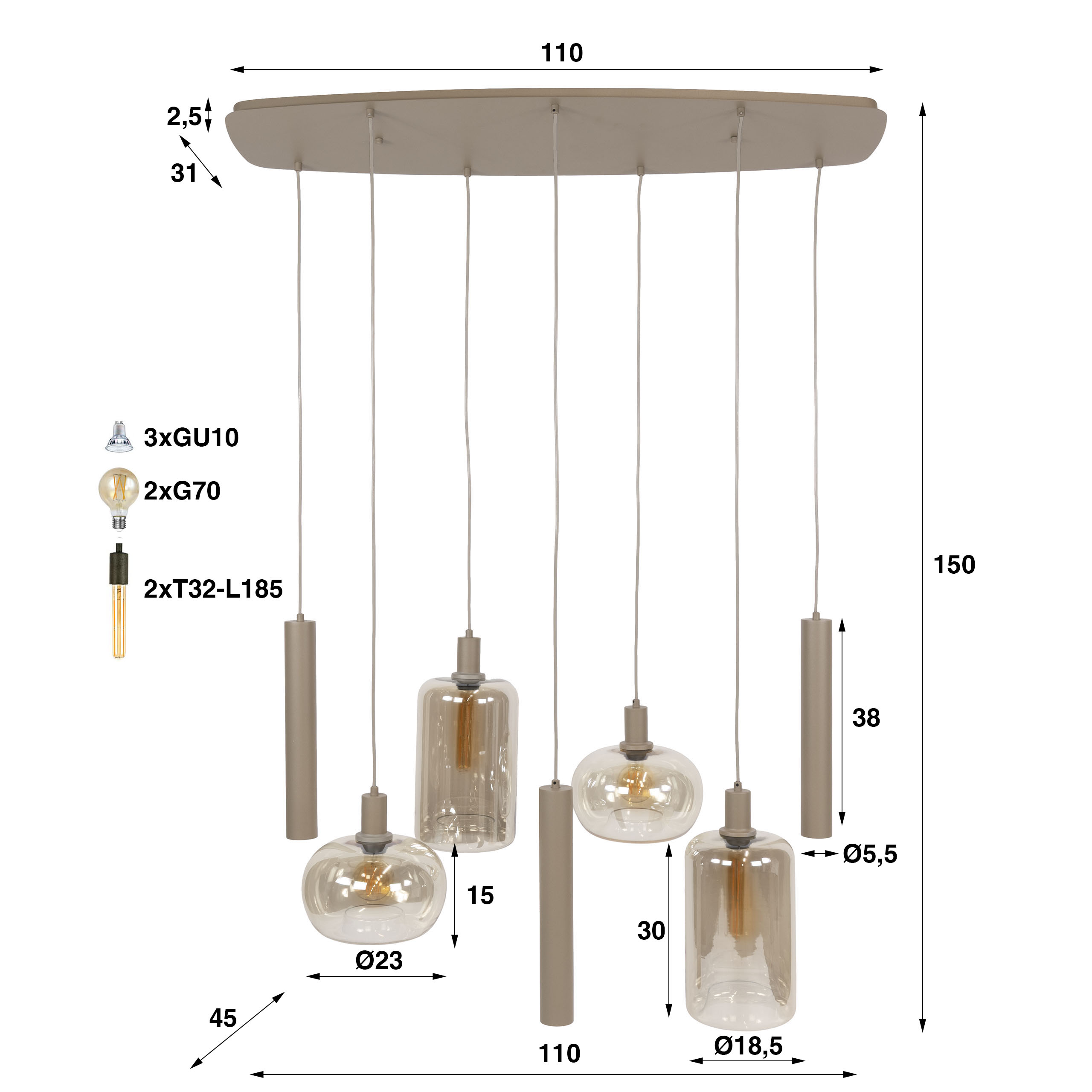 Pendant light Serene 4+3-light / Beige - Zijlstra