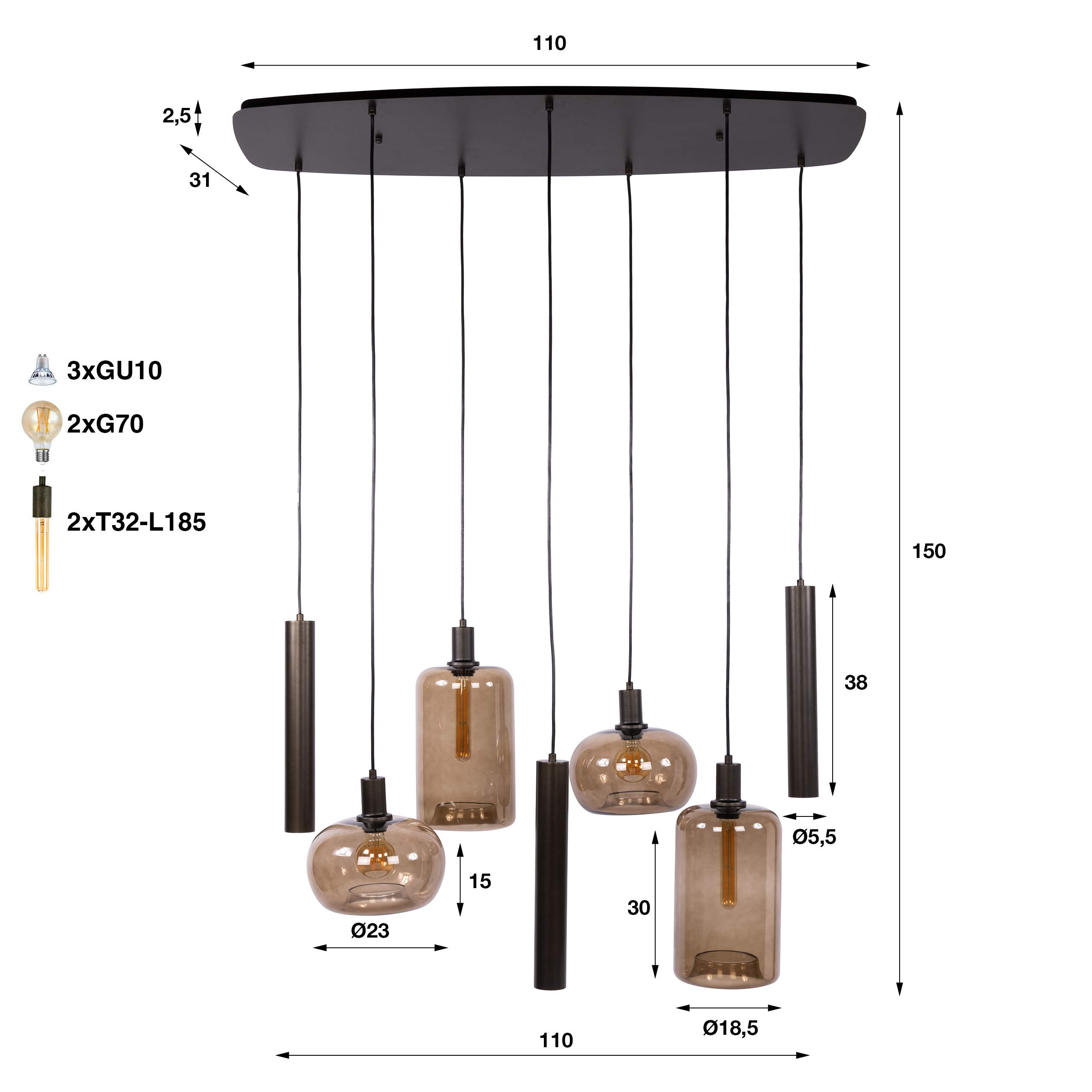 Lámpara colgante Serene de 4+3 luces / marrón Sienna - Zijlstra