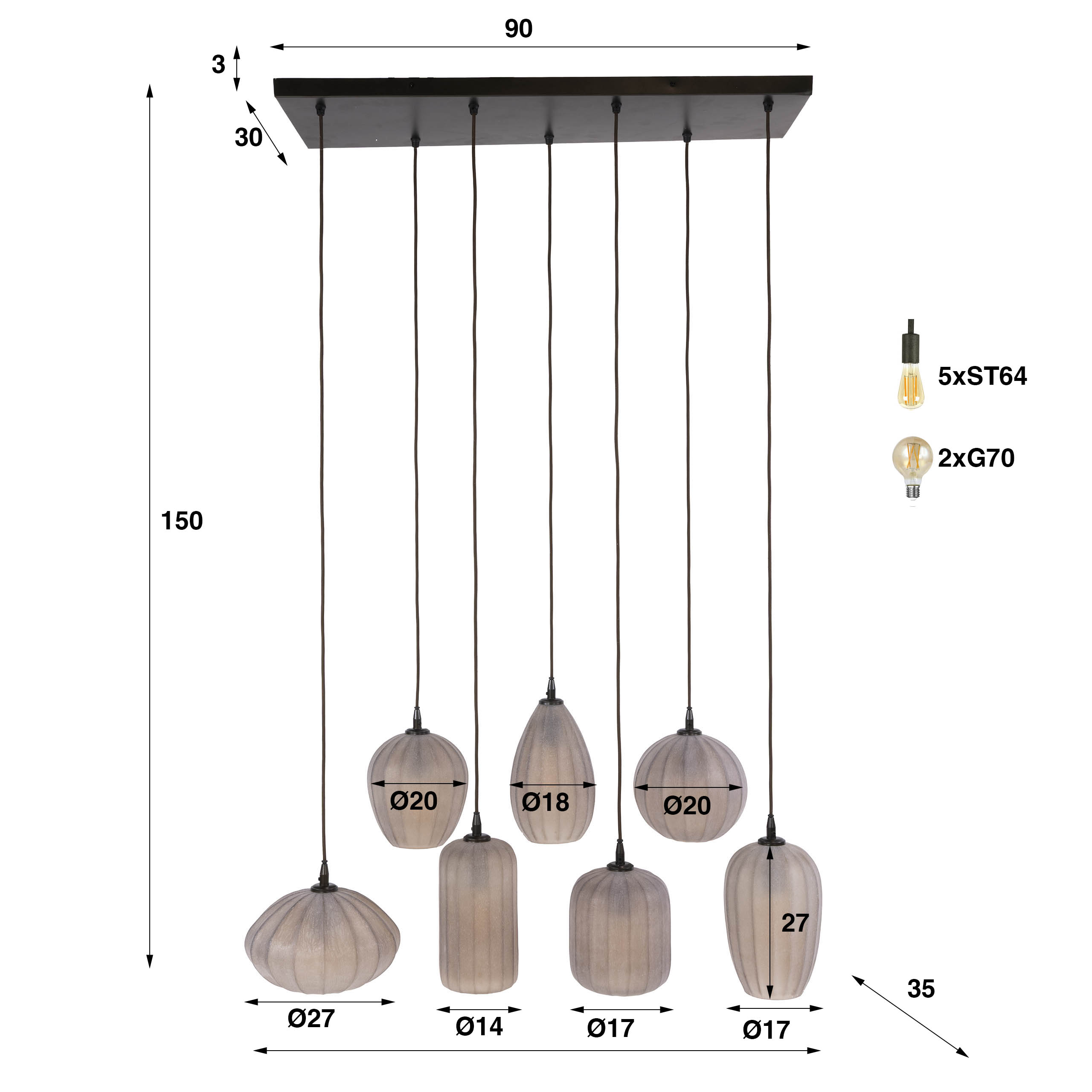 Pendant Light Altura 4+3-light / Sienna brown-frosted - Zijlstra