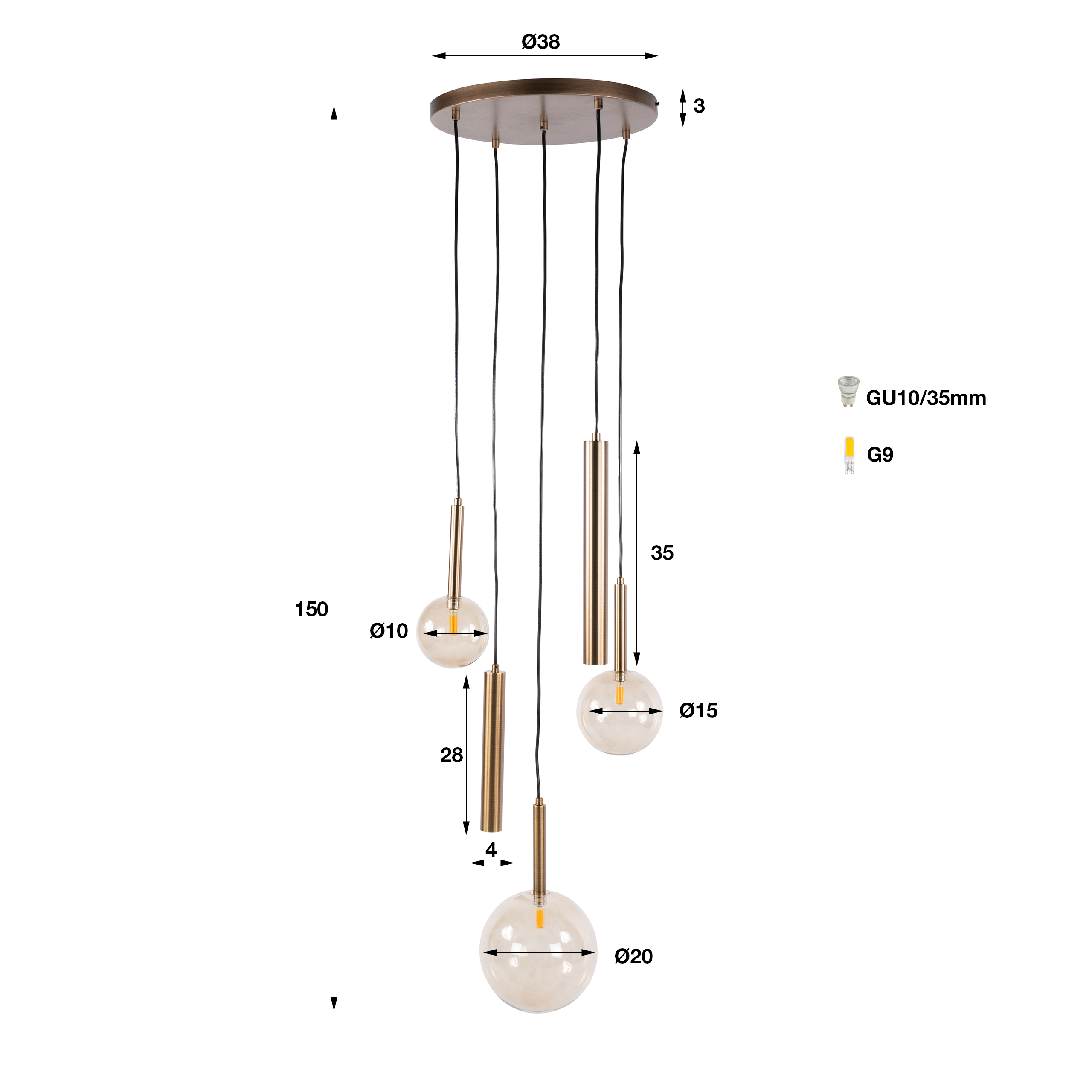 Hanglamp Lustra getrapt 5-lichts in brons plated - Emmo Design