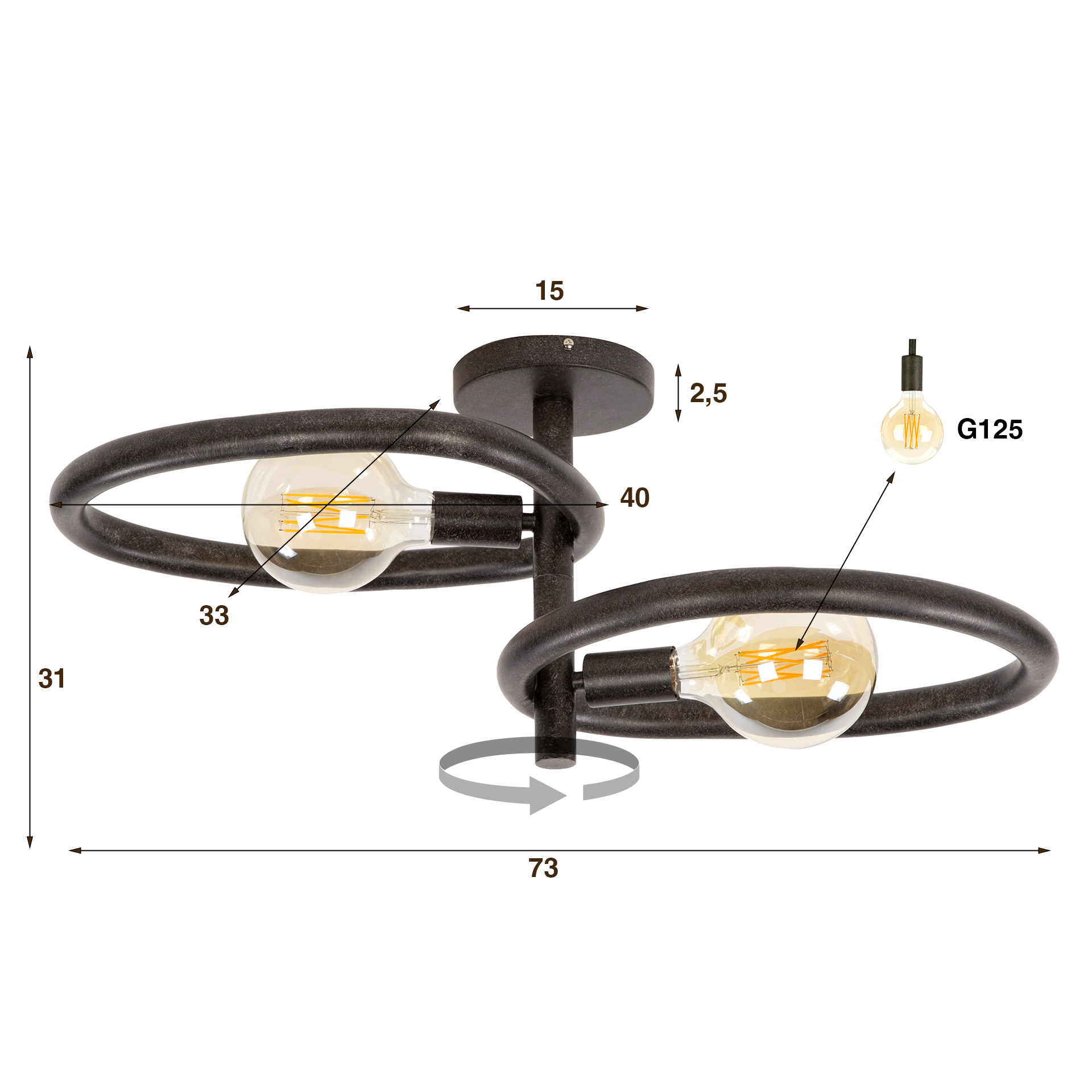 Plafondlamp Pebble 2-lichts / Artic zwart - Zijlstra