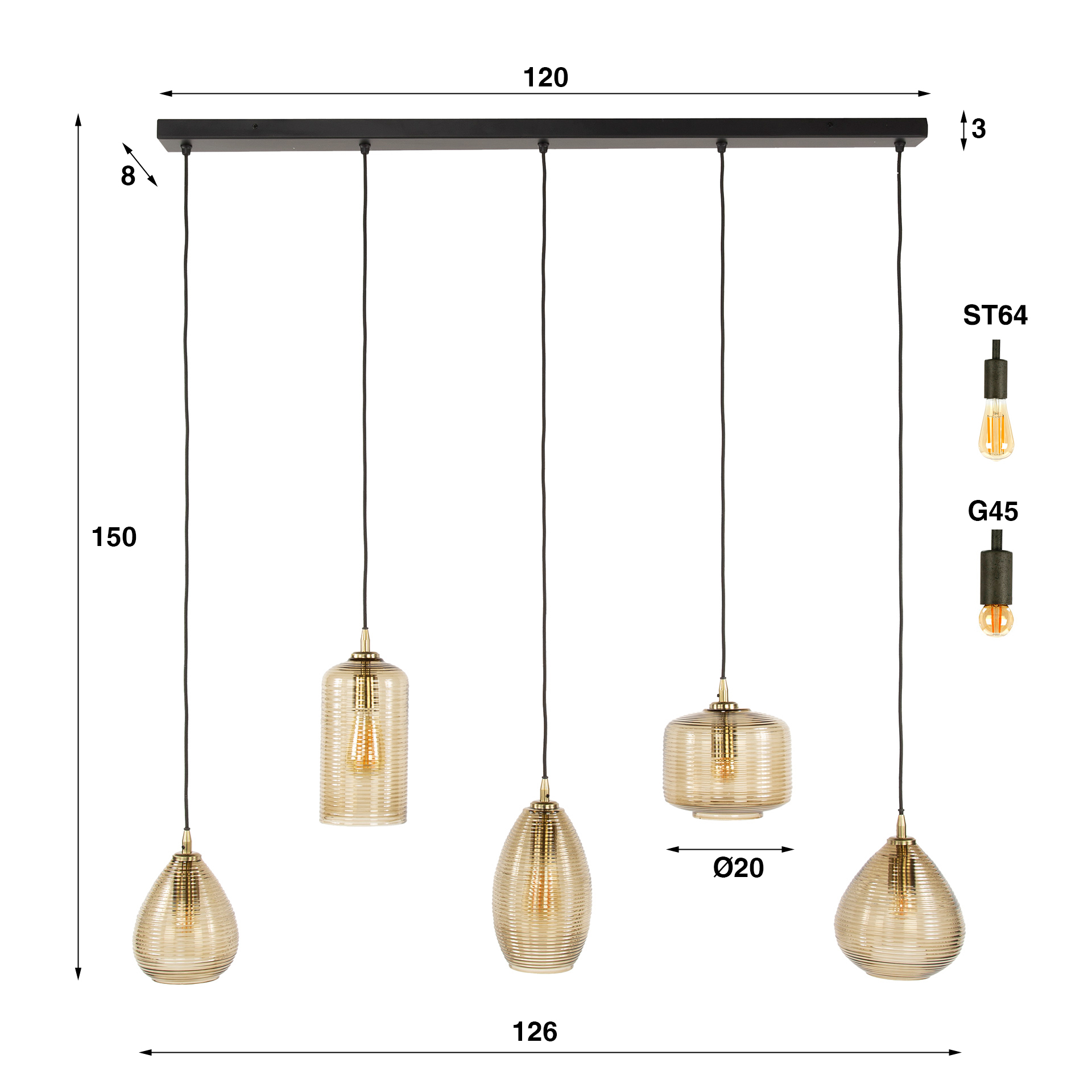 Pendant Light Stripe Horizontal 5-light / Smoke Brown Glass - Zijlstra