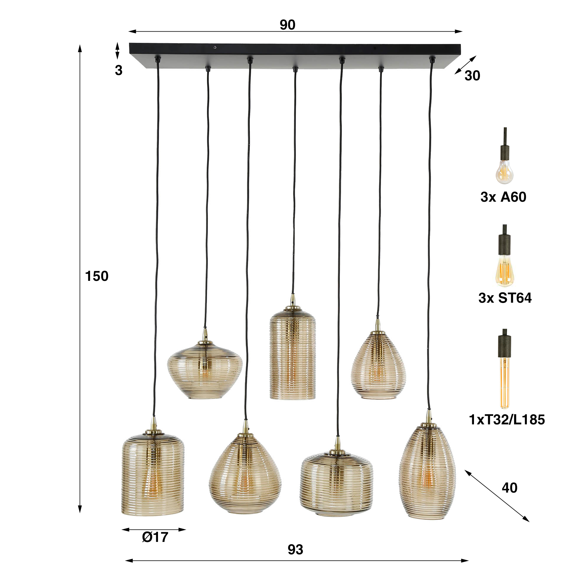 Pendant Light Stripe Horizontal 4+3-light / Amber Glass - Zijlstra
