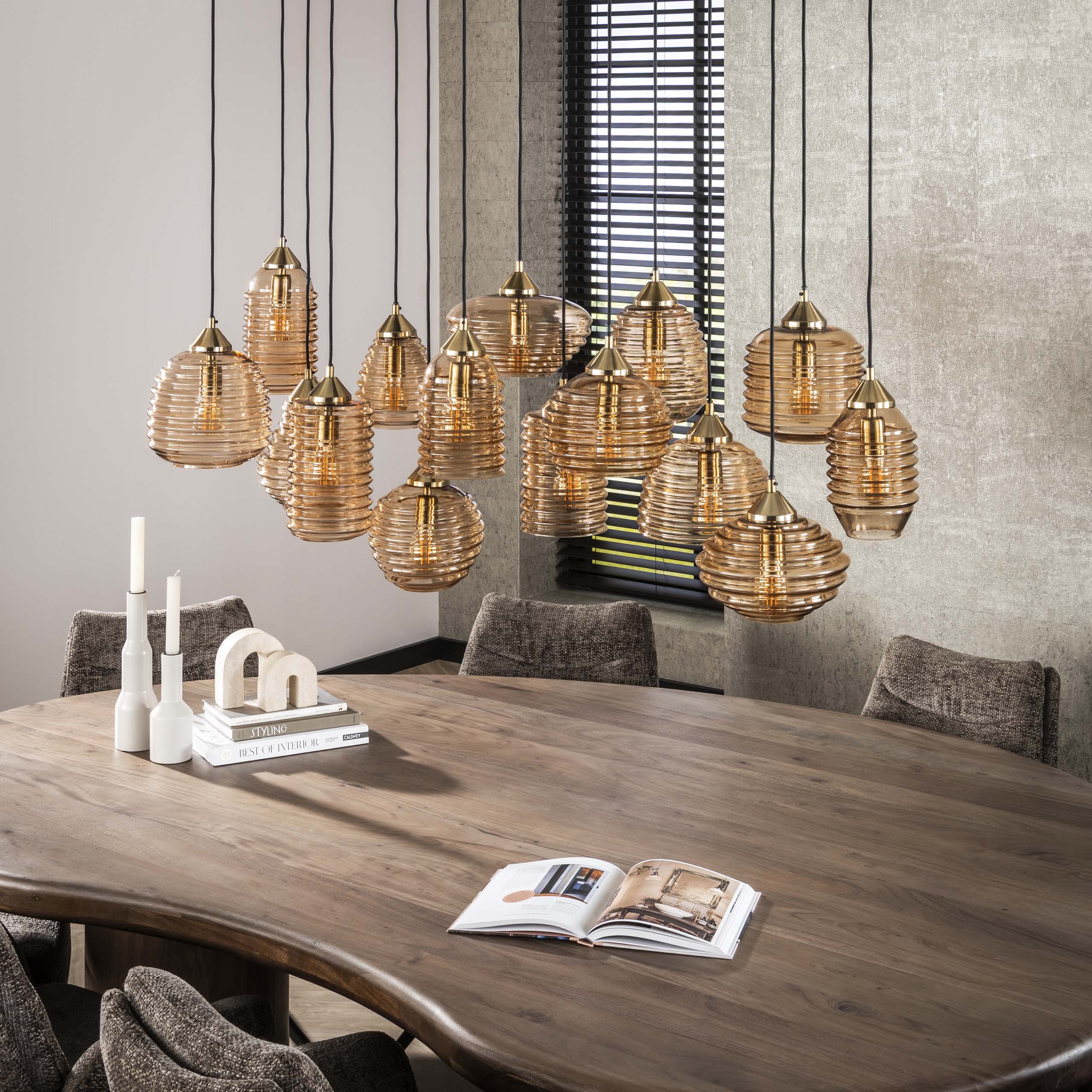 Hanglamp Rib Glass 5+5+5-lichts / Amber glas - Zijlstra