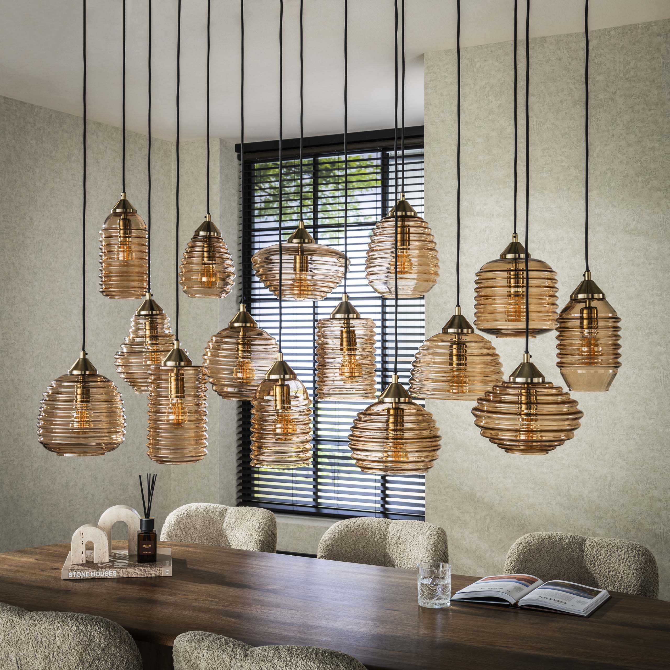 Hanglamp Rib Glass 5+5+5-lichts / Amber glas - Zijlstra