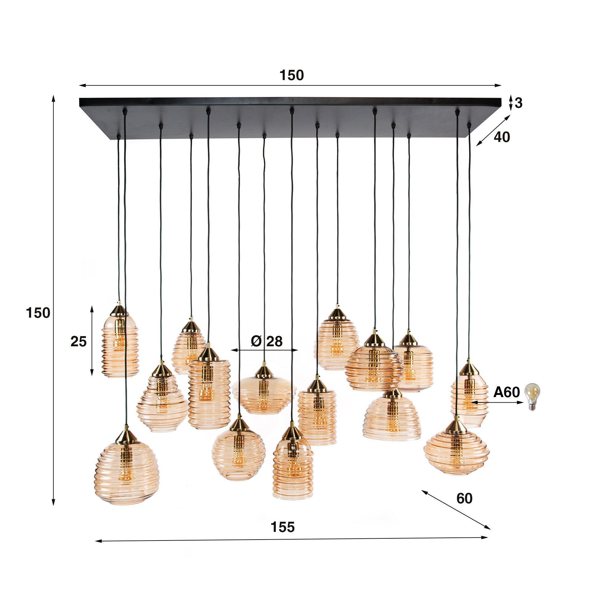 Hanglamp Rib Glass 5+5+5-lichts / Amber glas - Zijlstra