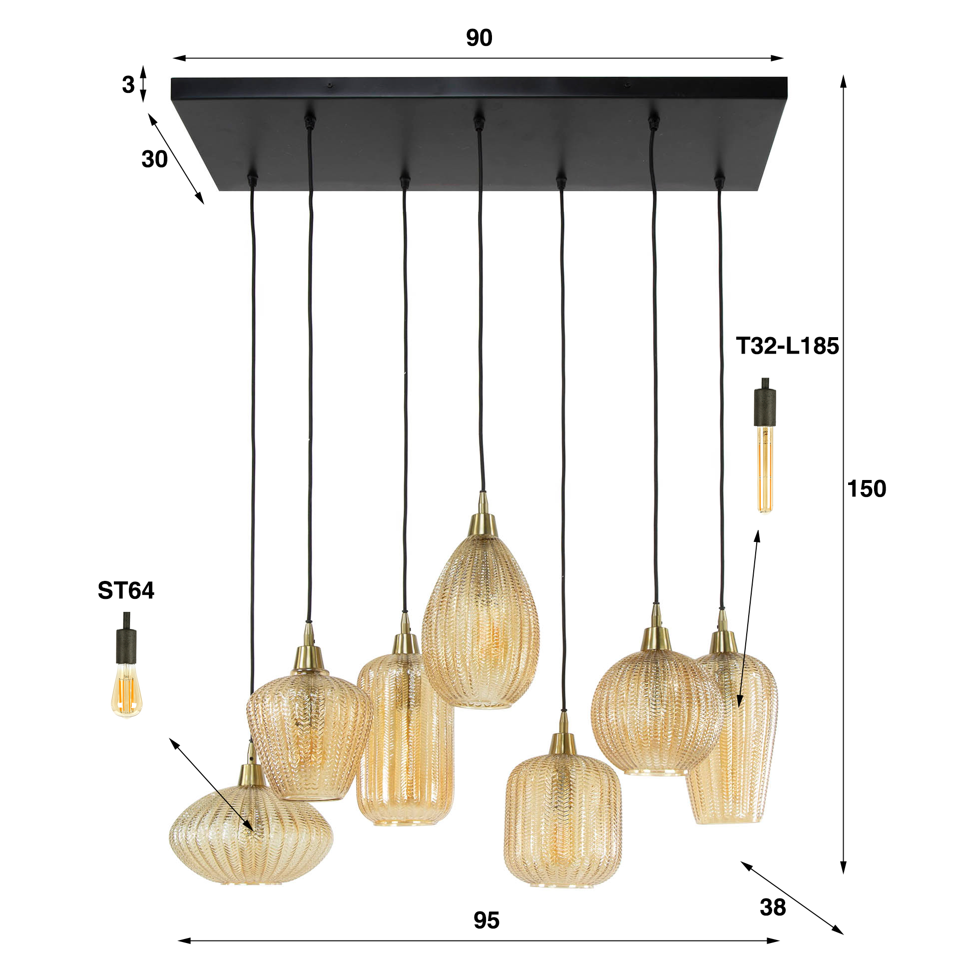 Hanglamp V-Shape 4+3-lichts / Amber glas - Zijlstra