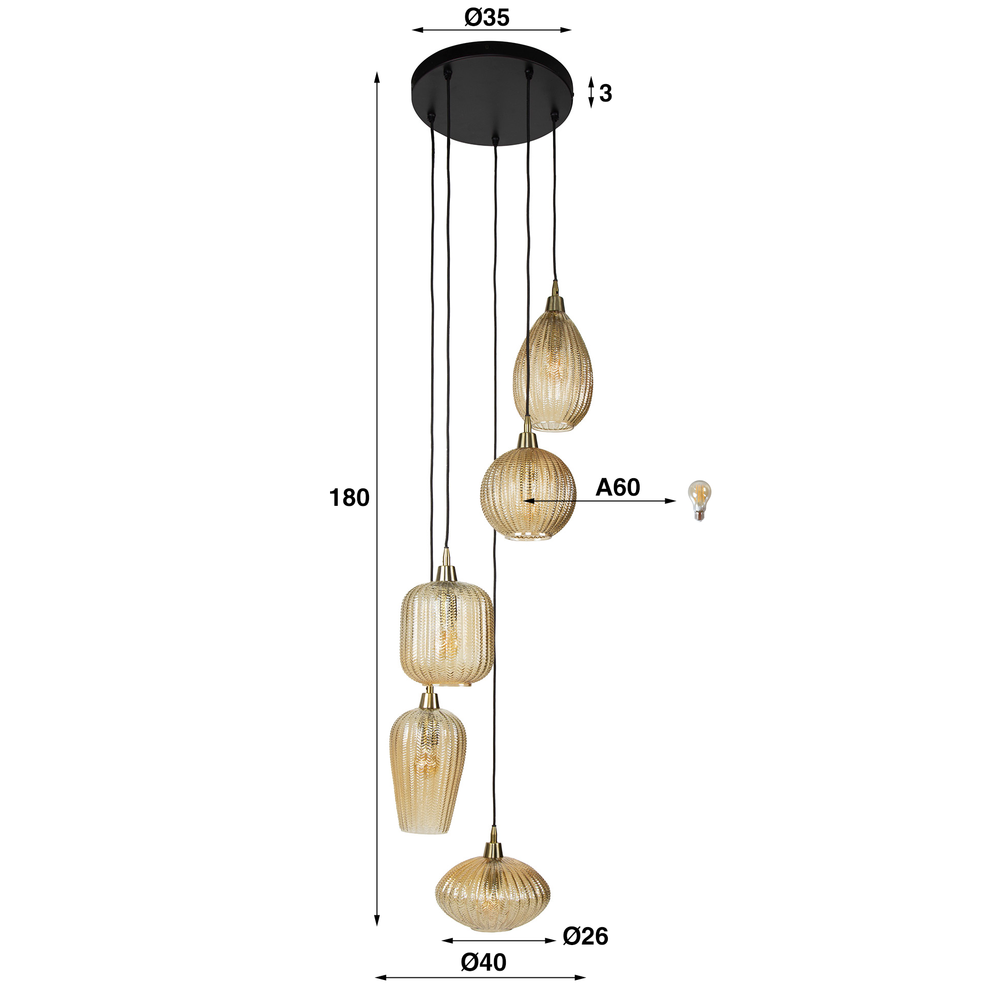 Pendant Light V-Shape Tiered 5-light / Amber Glass - Zijlstra