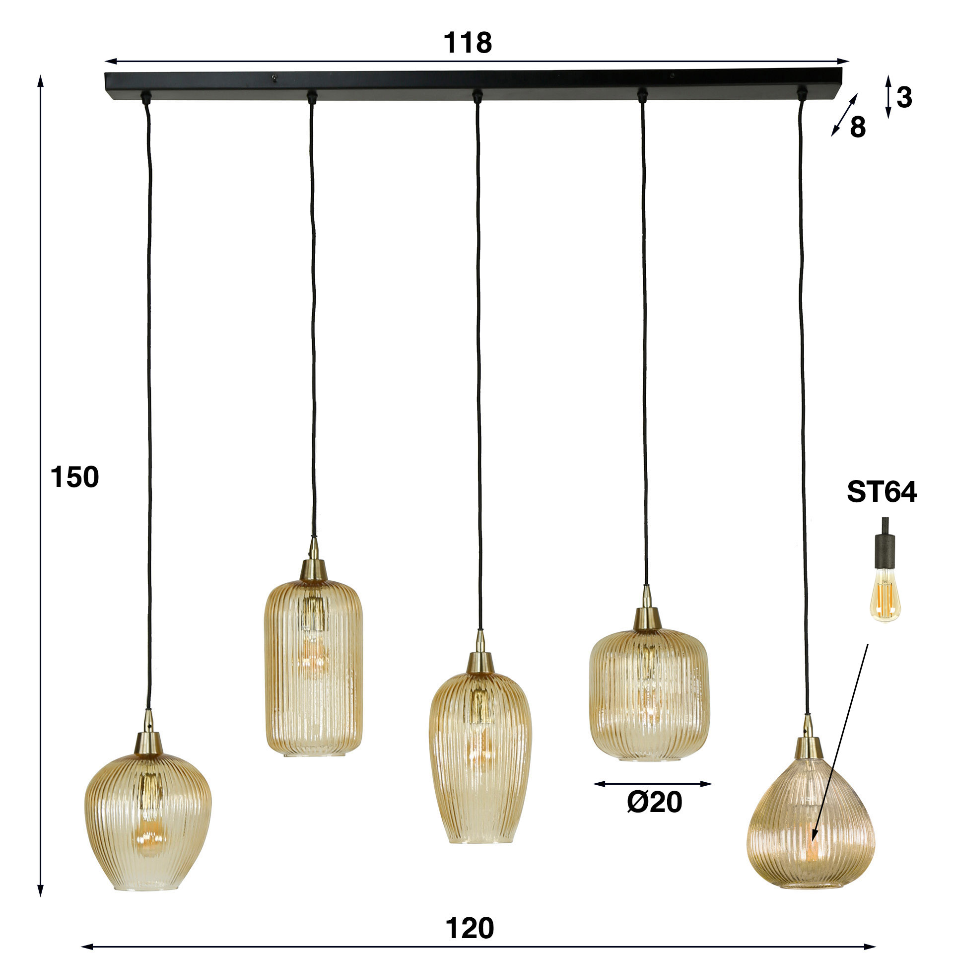 Pendelleuchte Stripe 5-flammig in Amberglas (Amber Glas) - Emmo Design