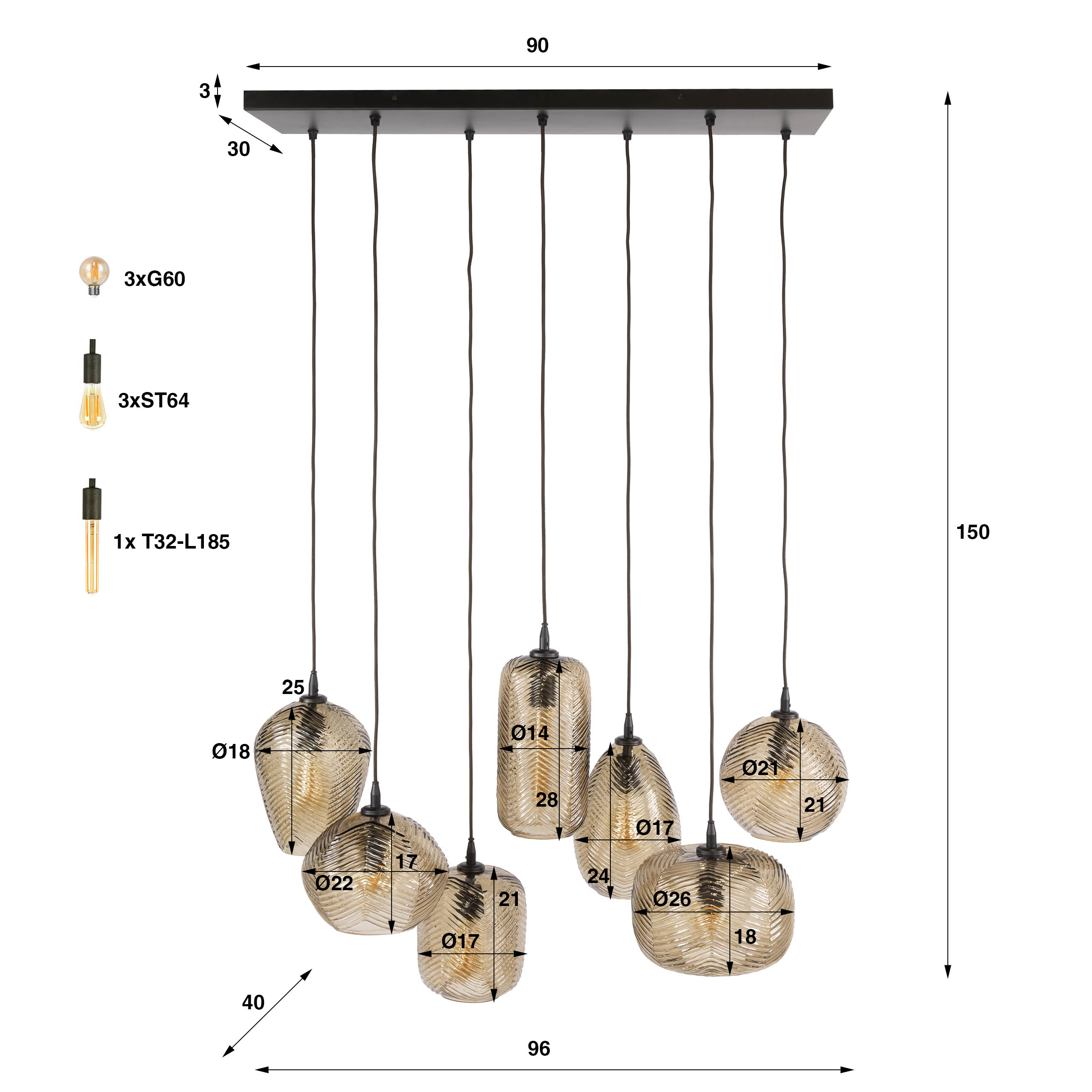 Hanglamp Chevron 4+3-lichts / Smoke bruin glas - Zijlstra