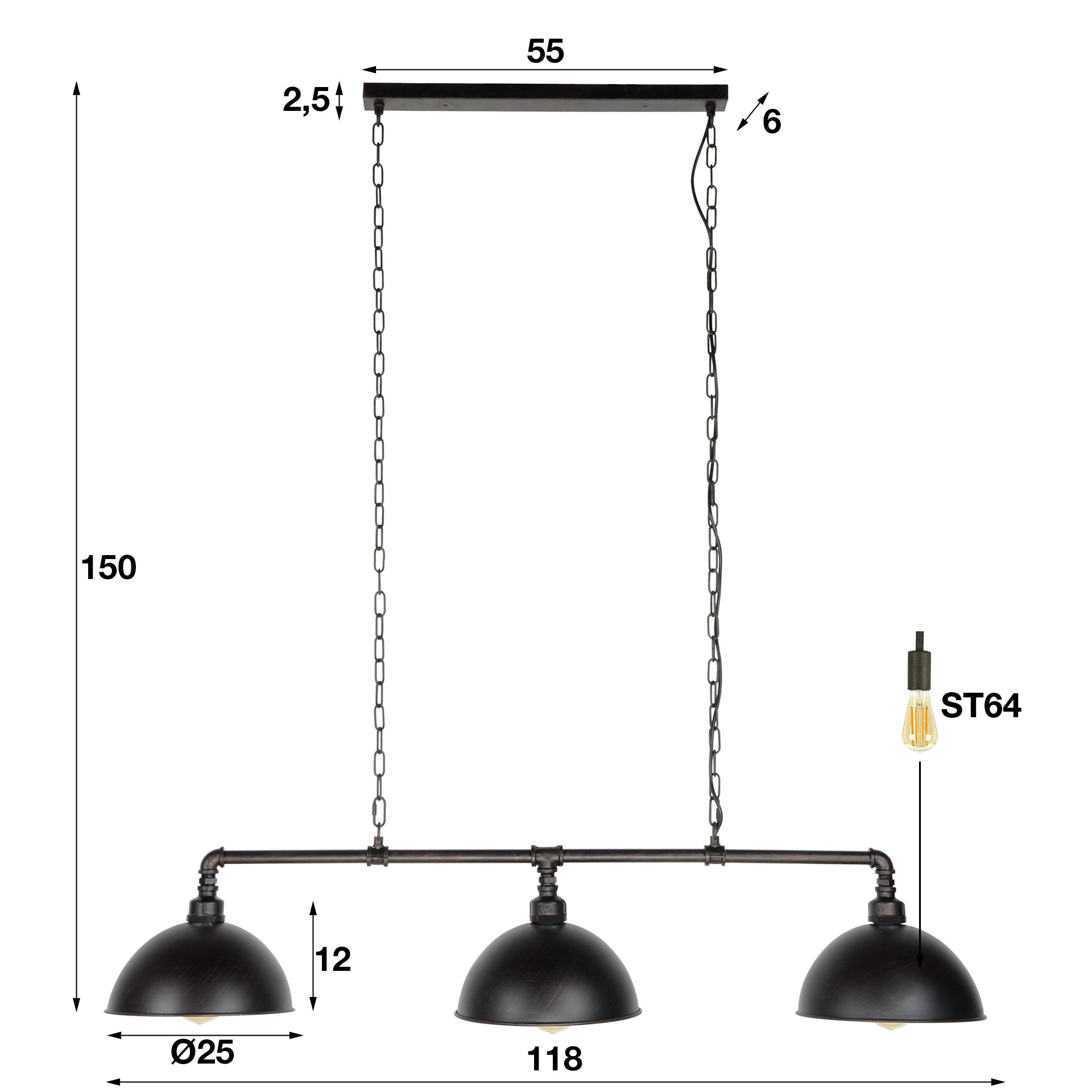Hanglamp Industrial Tube 3-lichts / Zwart - Zijlstra