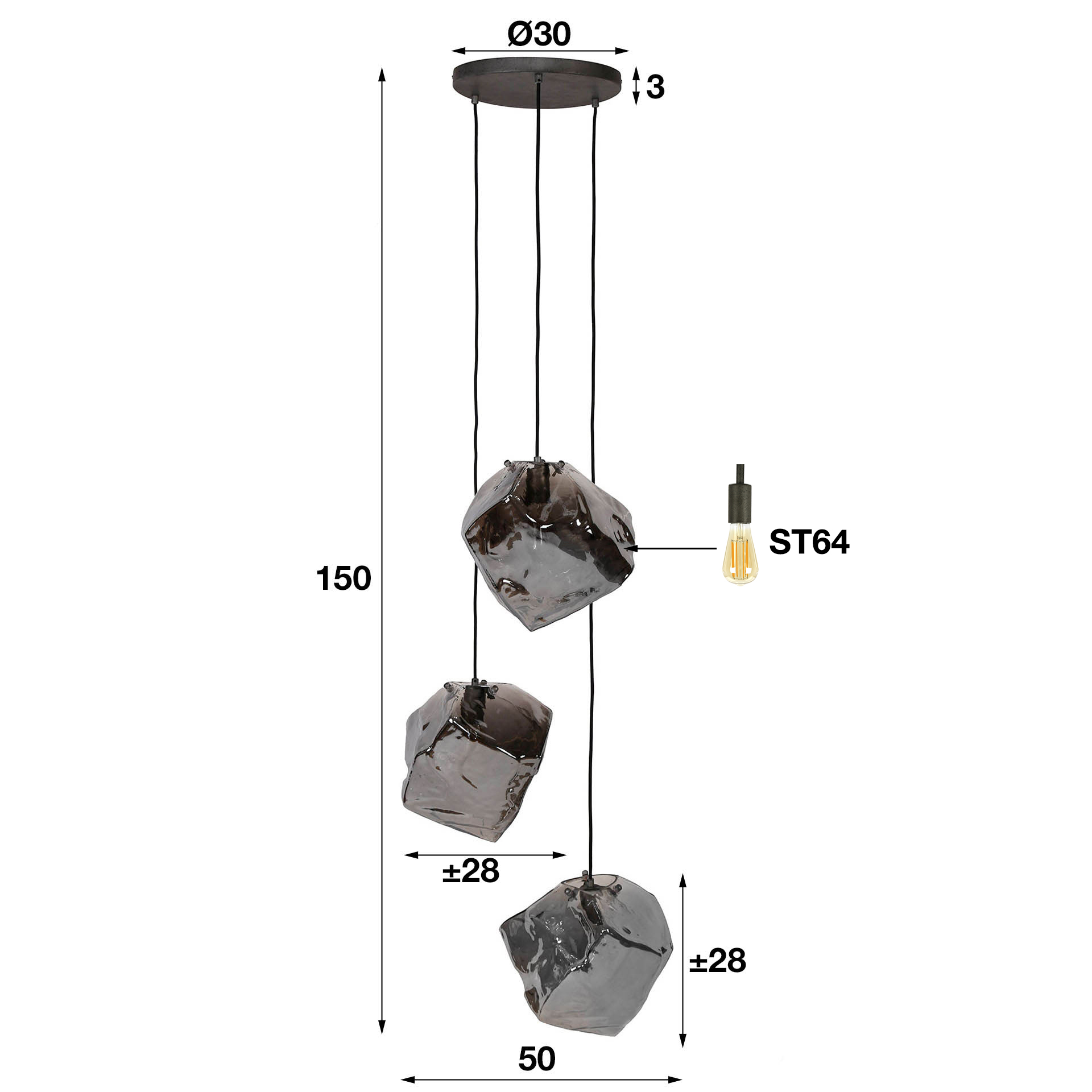Pendelleuchte Rock getrapt 3-flammig in Chromglas (Chroom Glas) - Emmo Design