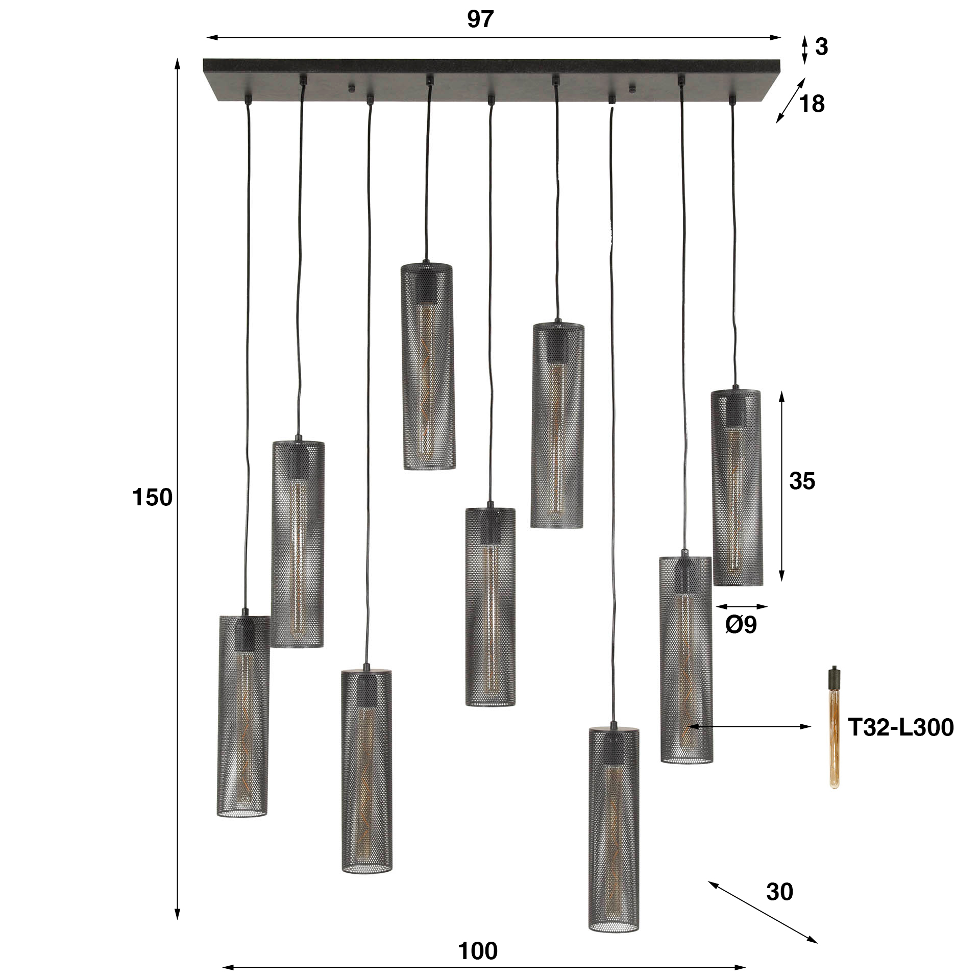 Hanglamp Tube Mesh 5+4-lichts / Artic zwart - Zijlstra