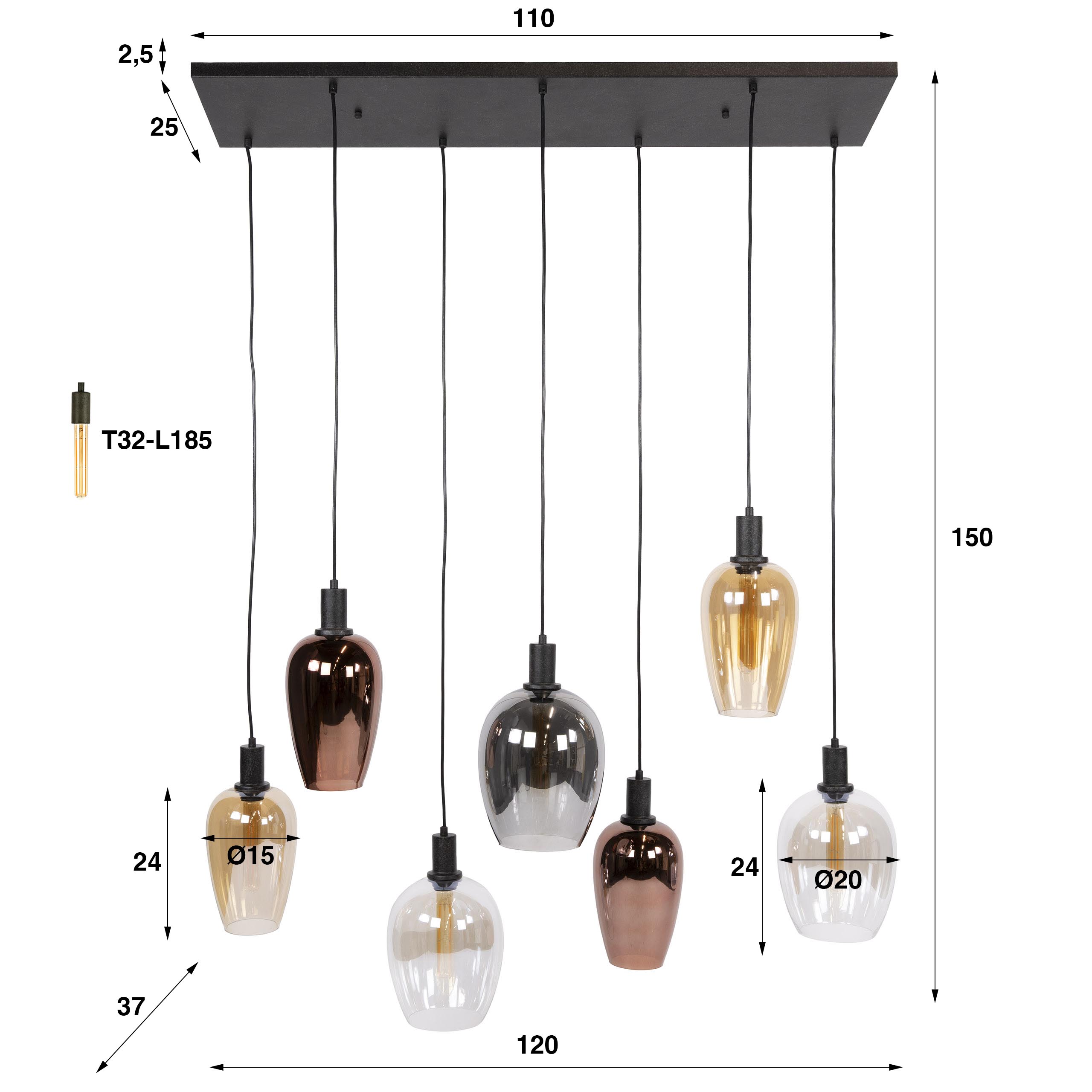 Hanglamp Amfora 7-lichts / Artic zwart - Zijlstra