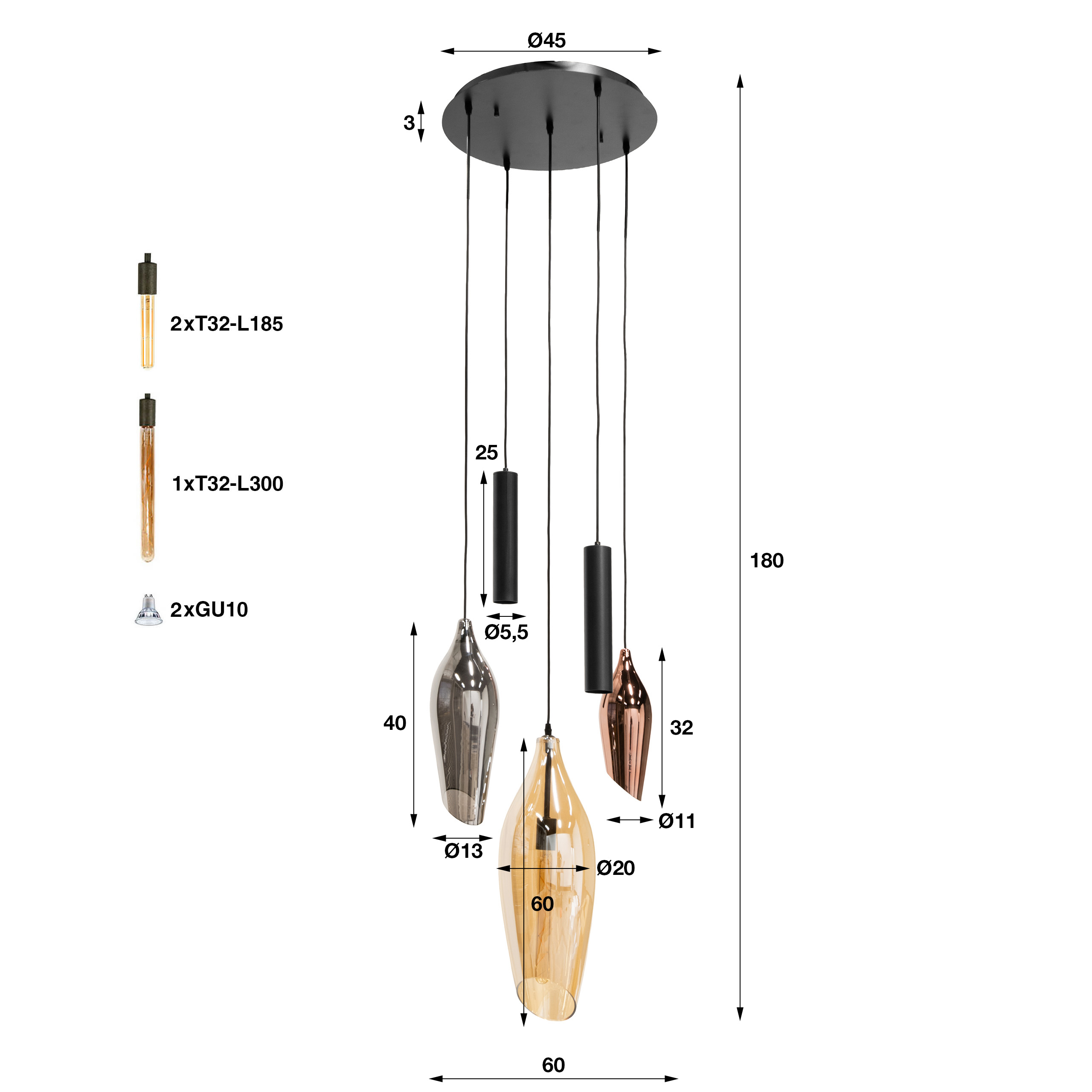 Hanglamp Cocoon pendel getrapt 5-lichts in zwart - Emmo Design