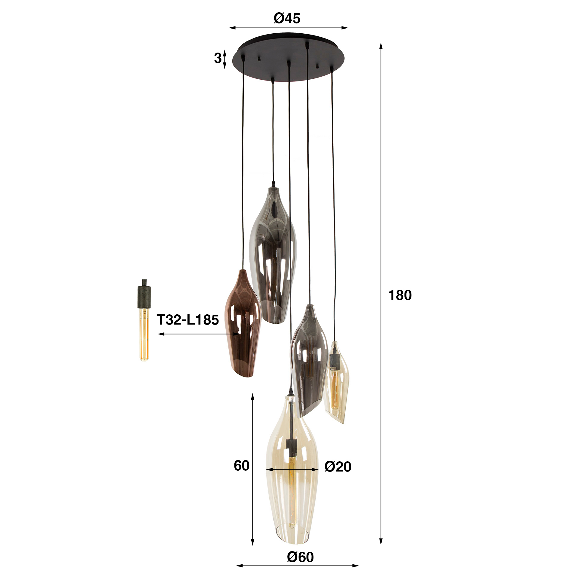 Hanglamp Cocoon getrapt 5-lichts / Zwart - Zijlstra