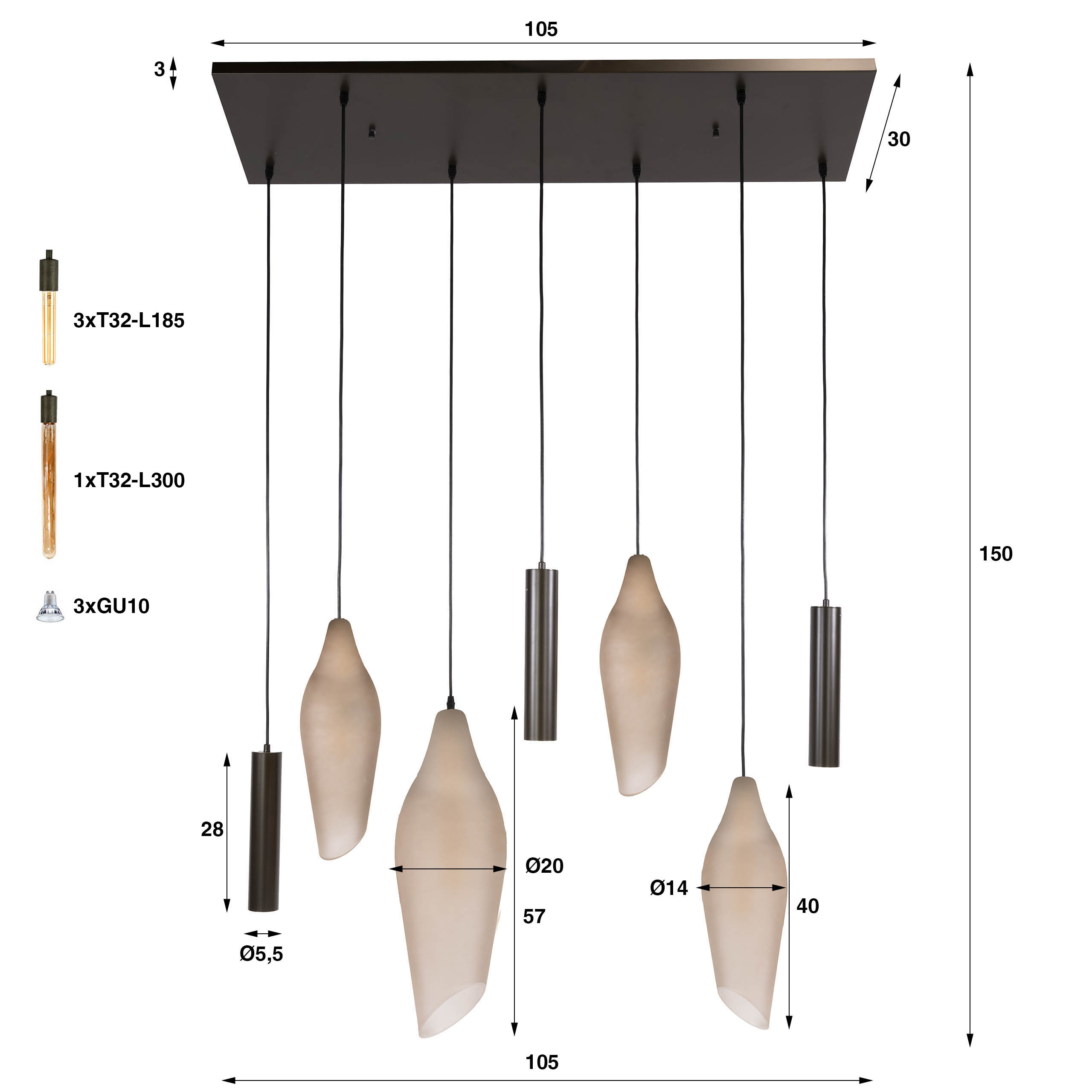 Hanglamp Cocoon pendel 4+3-lichts / Sienna bruin-frosted - Zijlstra