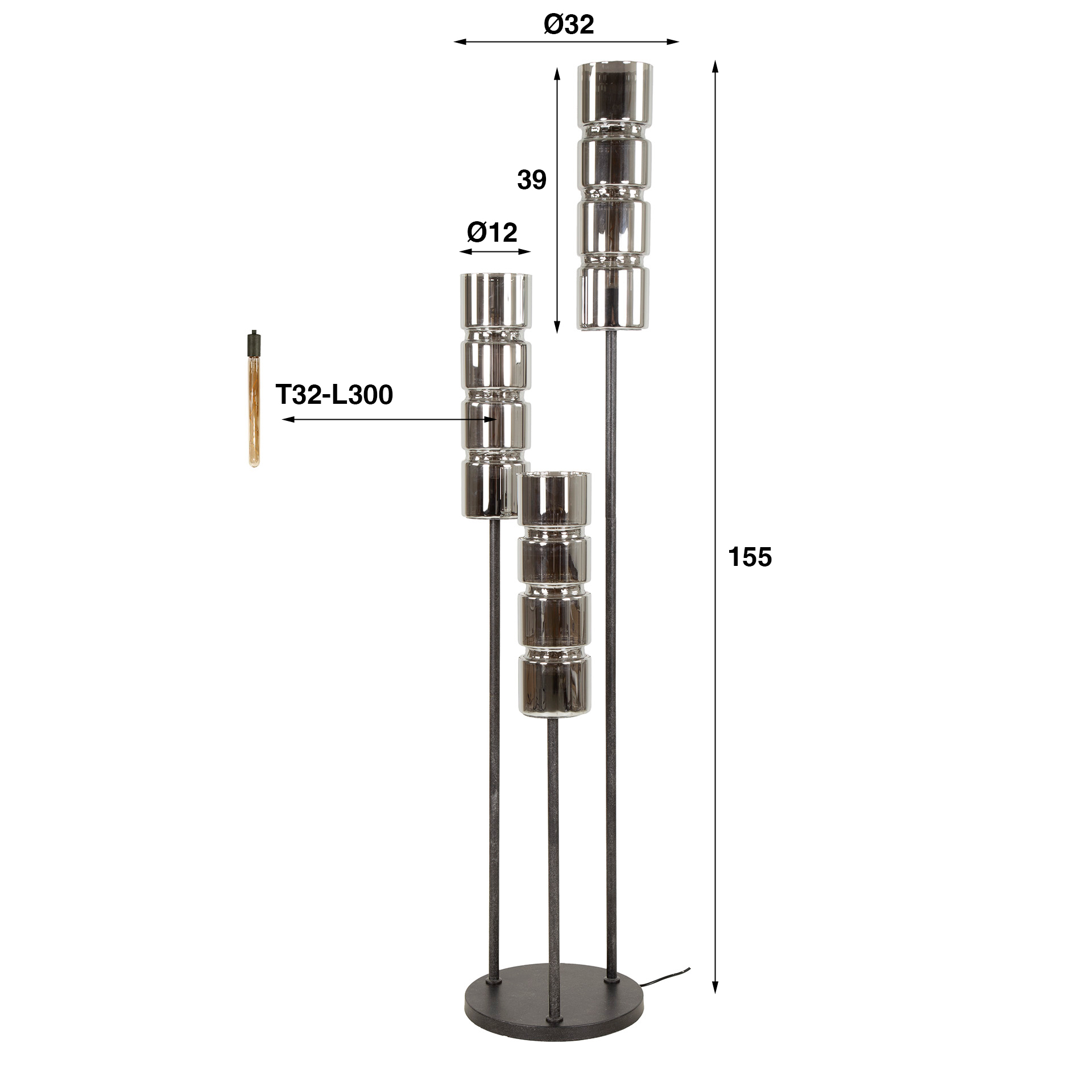Cylinder Glass Floor Lamp tiered 3-light / Artic Black - Zijlstra