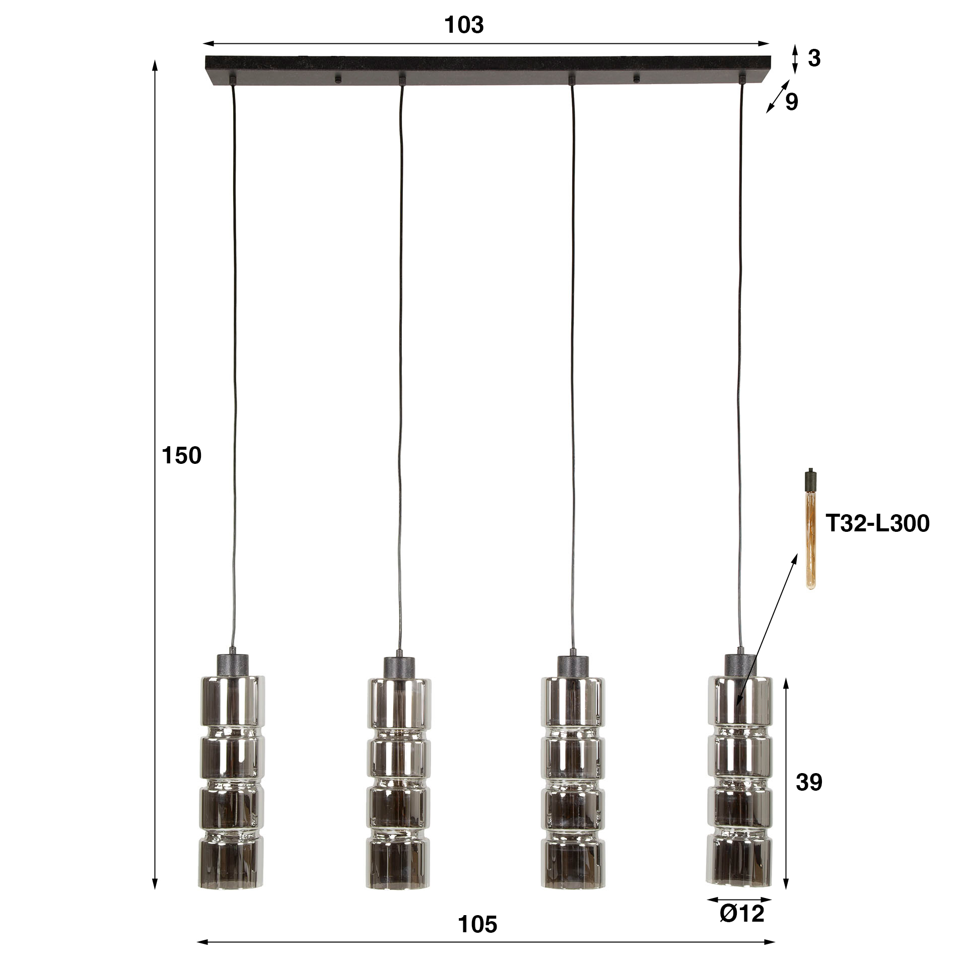 Hanglamp Cylinder Glass 4-lichts / Artic zwart - Zijlstra
