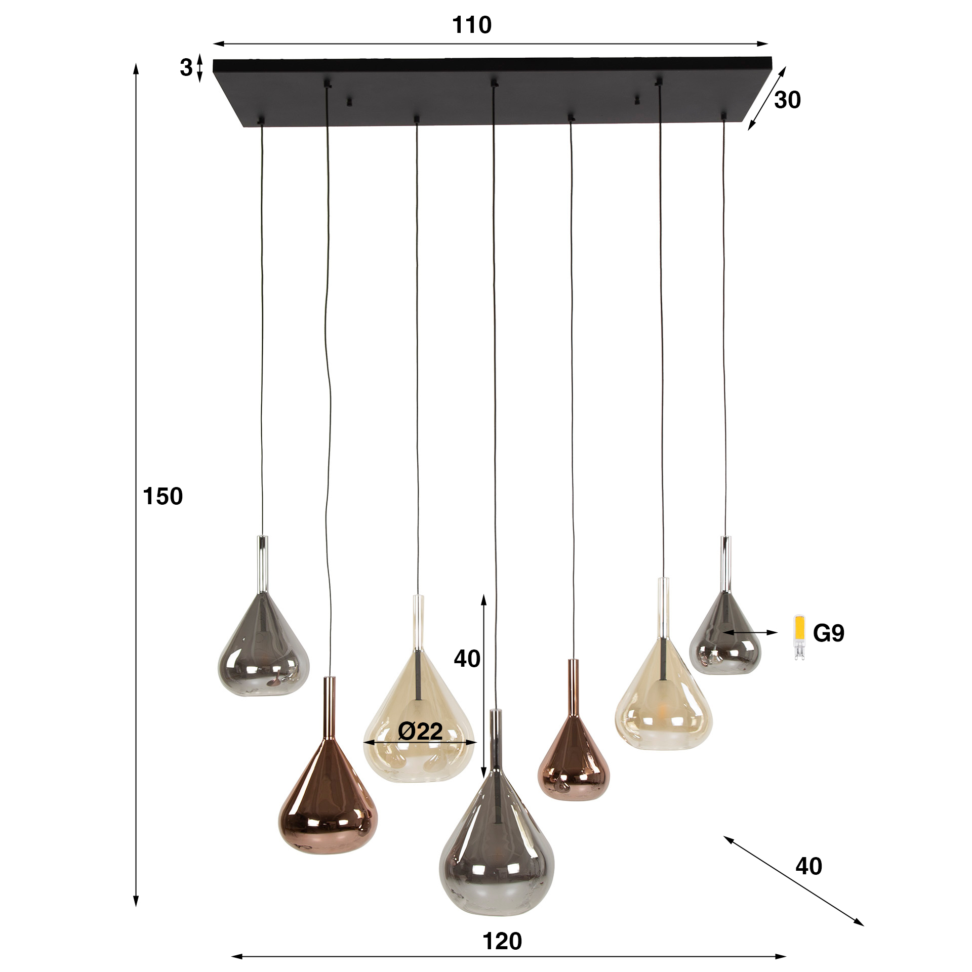 Hanglamp Wings 4+3-lichts / Zwart - Zijlstra