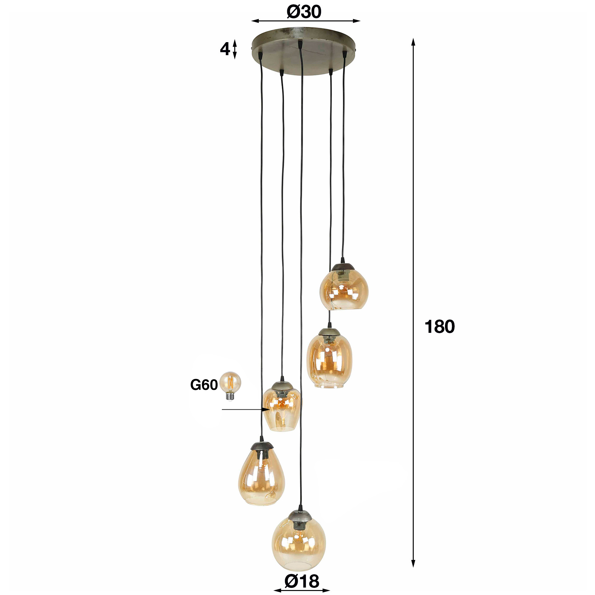 Hanglamp Mix getrapt 5-lichts / Amber glas - Zijlstra
