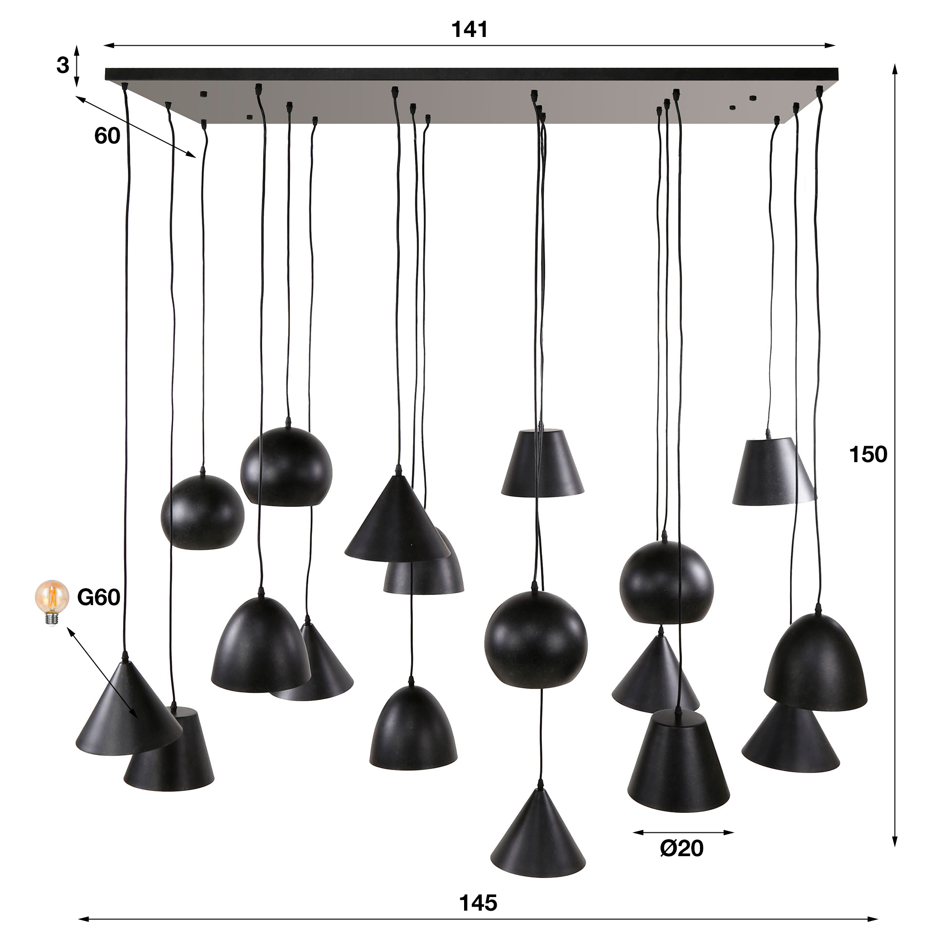Pendelleuchte Metal XXL 6+6+6-flammig in Artic Schwarz - Emmo Design