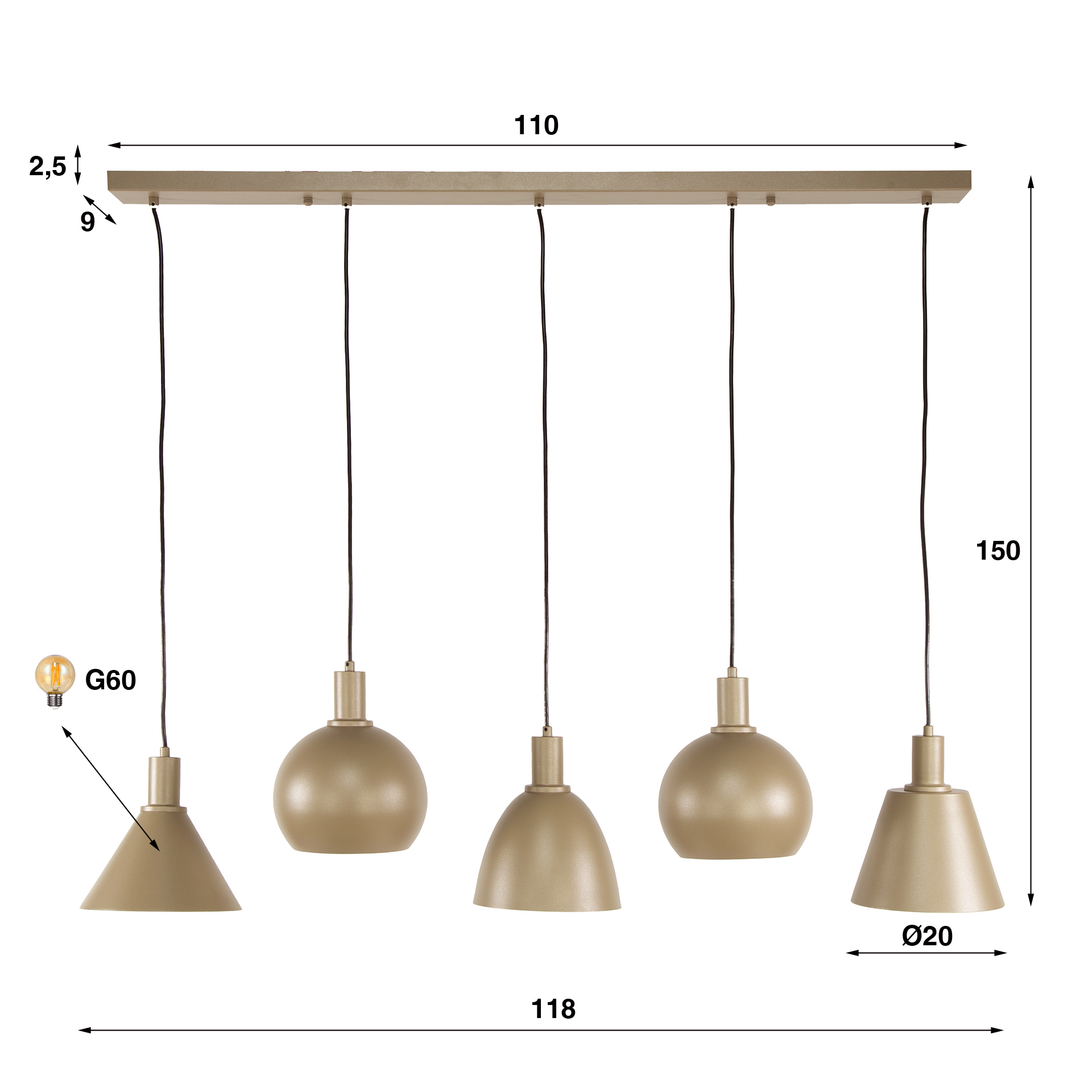 Pendelleuchte Metallo 5-flammig in Beige - Emmo Design