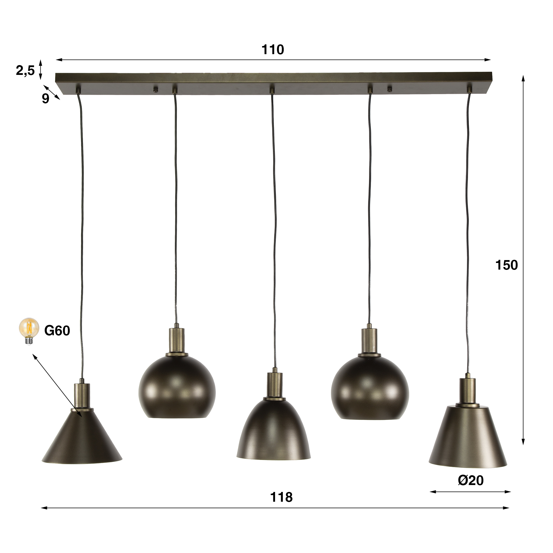 Hanglamp Metallo 5-lichts / Sienna bruin - Zijlstra