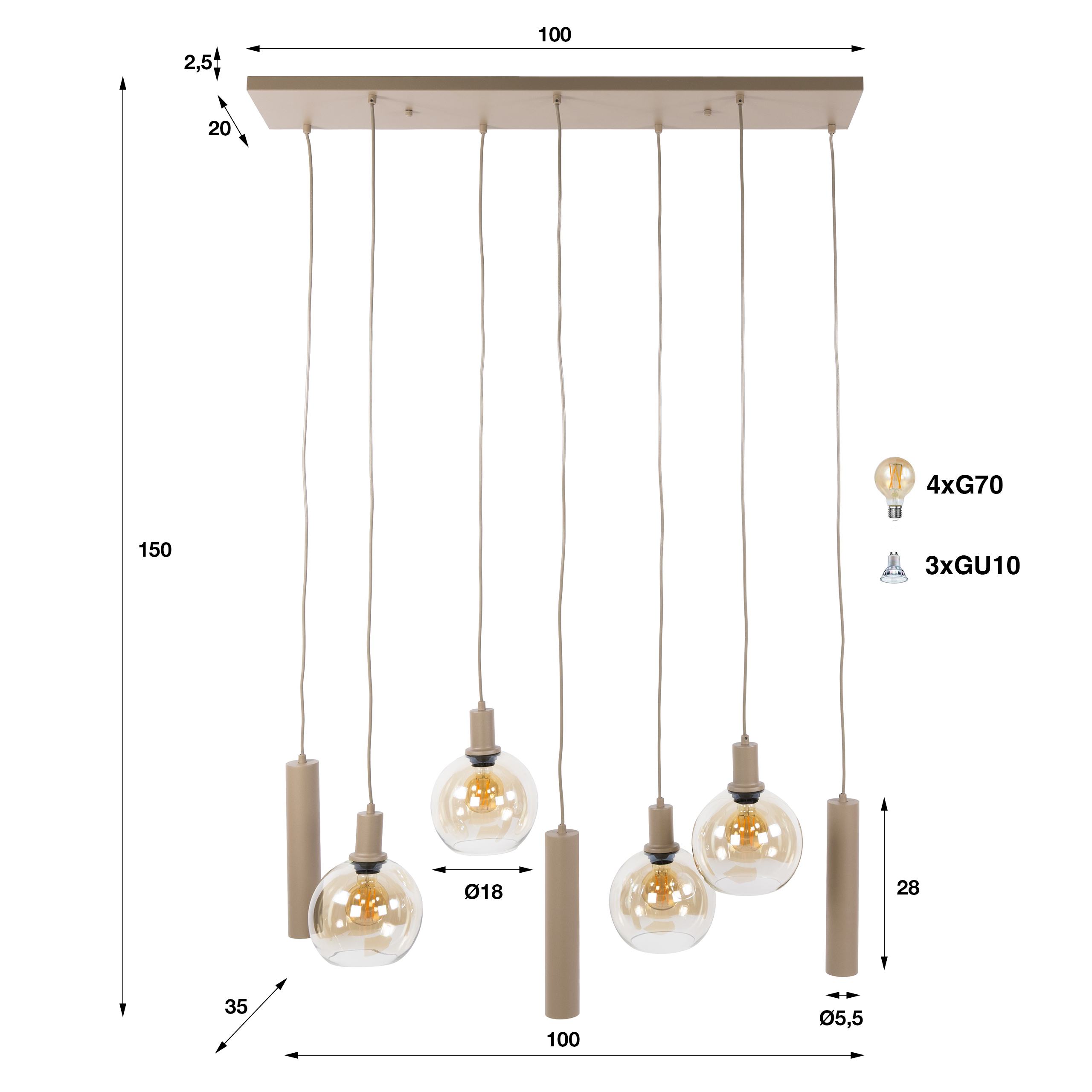 Pendelleuchte Sfera Tricolore 4+3-flammig in Beige - Emmo Design