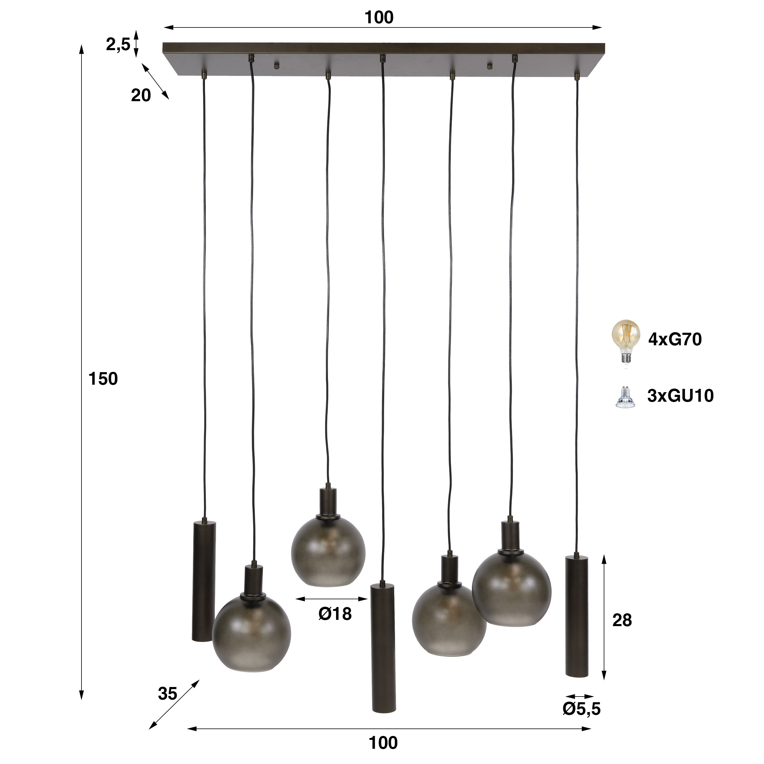 Hanglamp Sfera Tricolore 4+3-lichts / Sienna bruin-frosted - Zijlstra