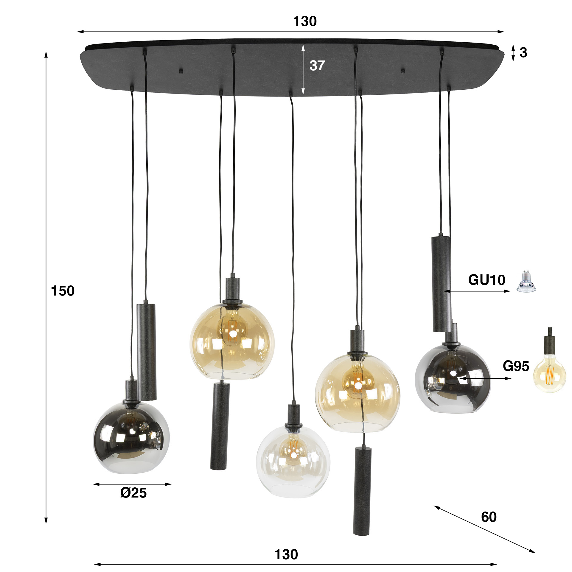 Hanglamp Sfera Tricolore 5+4-lichts / Artic zwart - Zijlstra