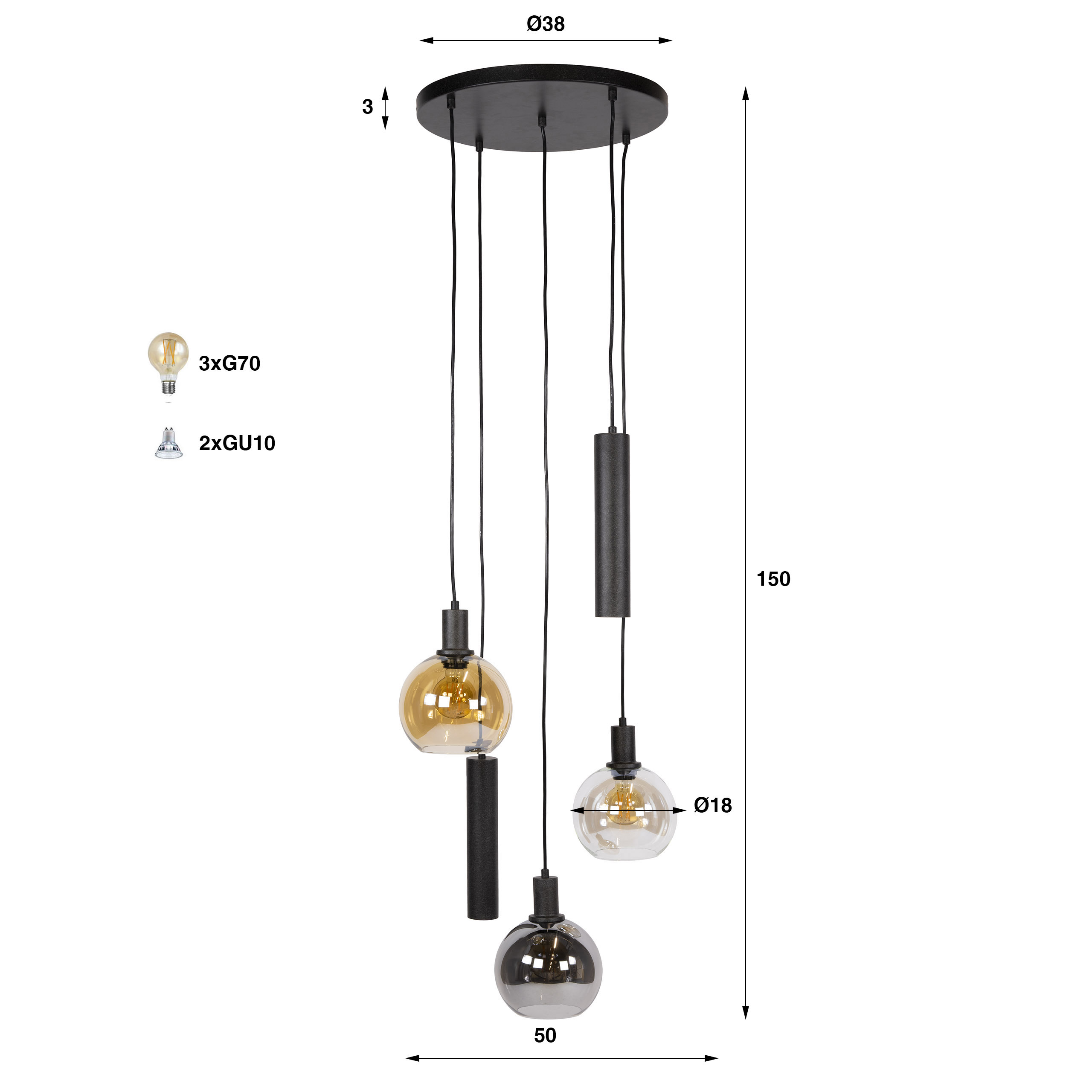 Hanglamp Sfera Tricolore getrapt 5-lichts / Artic zwart - Zijlstra