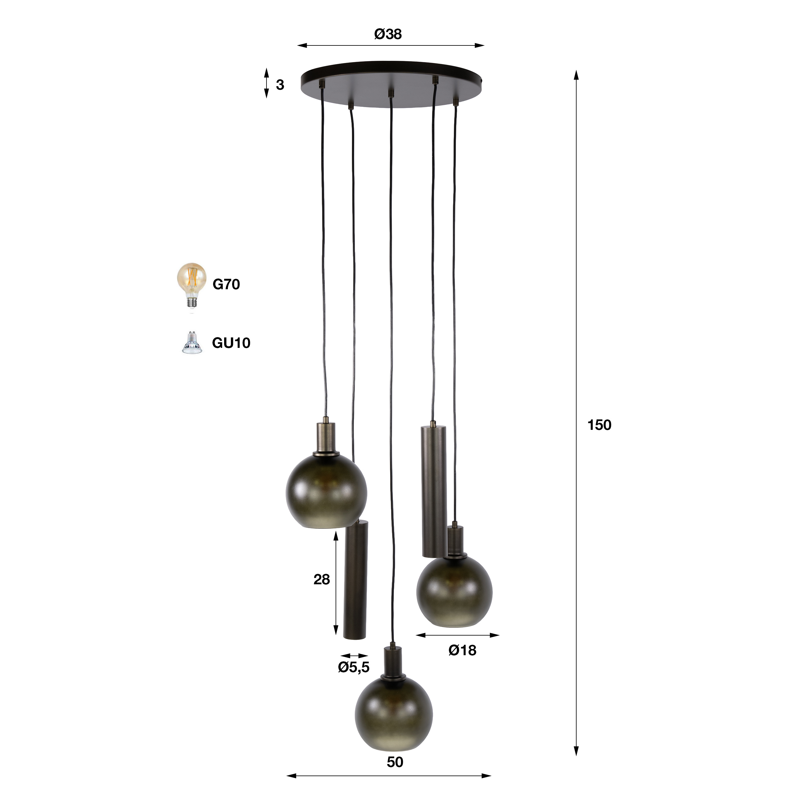 Hanglamp Sfera Tricolore getrapt 5-lichts / Sienna bruin-frosted - Zijlstra