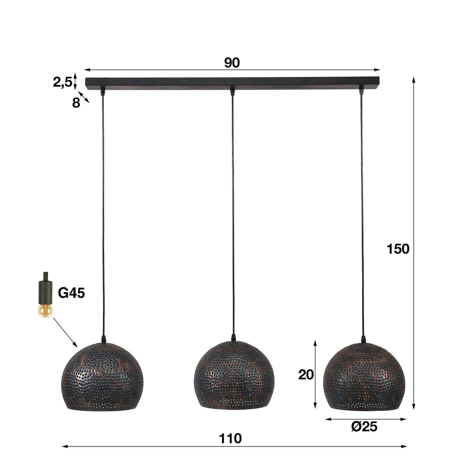Hanglamp Punch Orb 3-lichts / Zwart bruin - Zijlstra