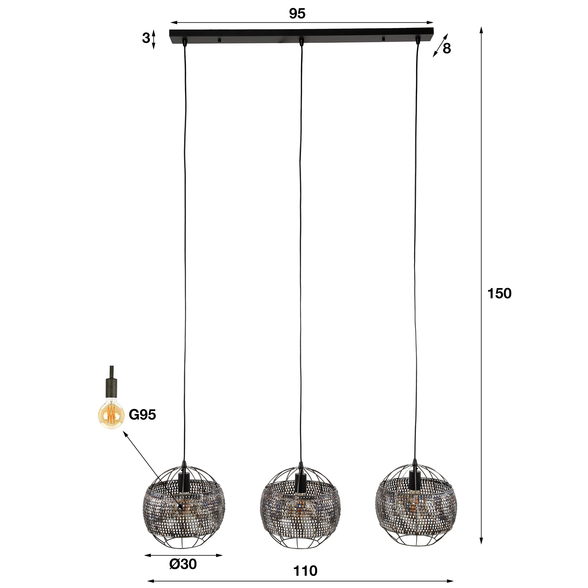 Hanglamp Armor Open 3-lichts / Zwart bruin - Zijlstra