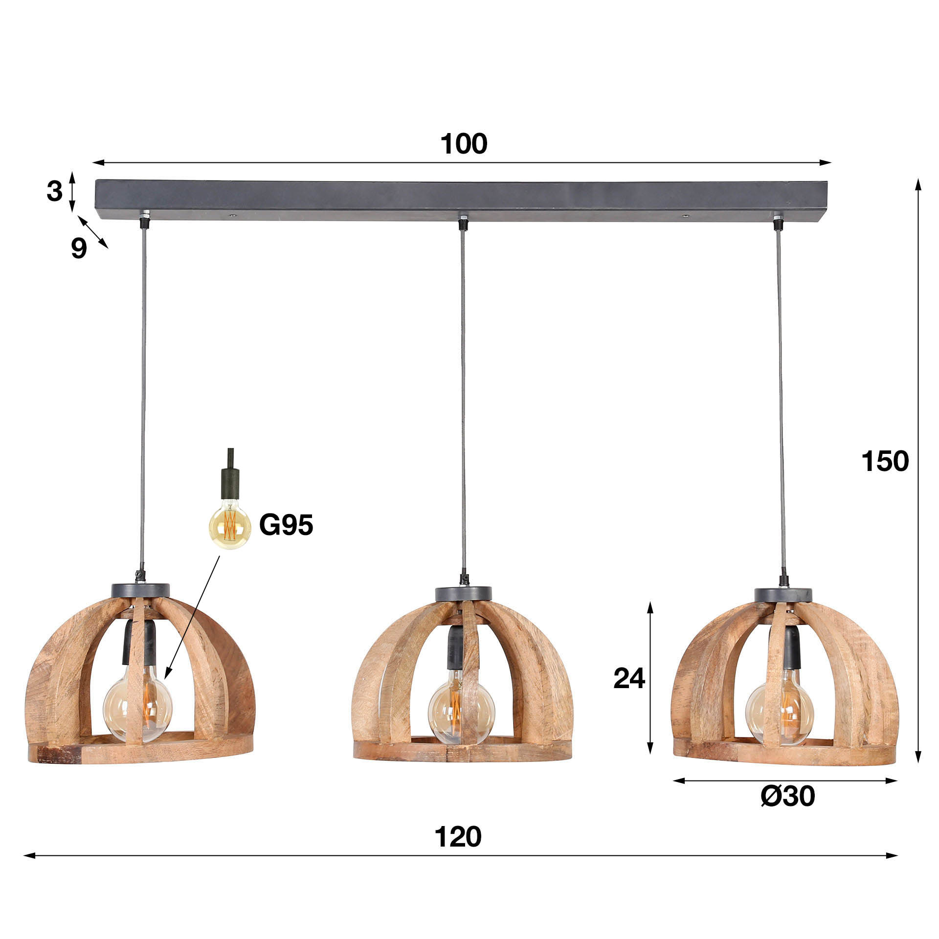 Hanglamp Orba 3-lichts / Massief mango - Zijlstra