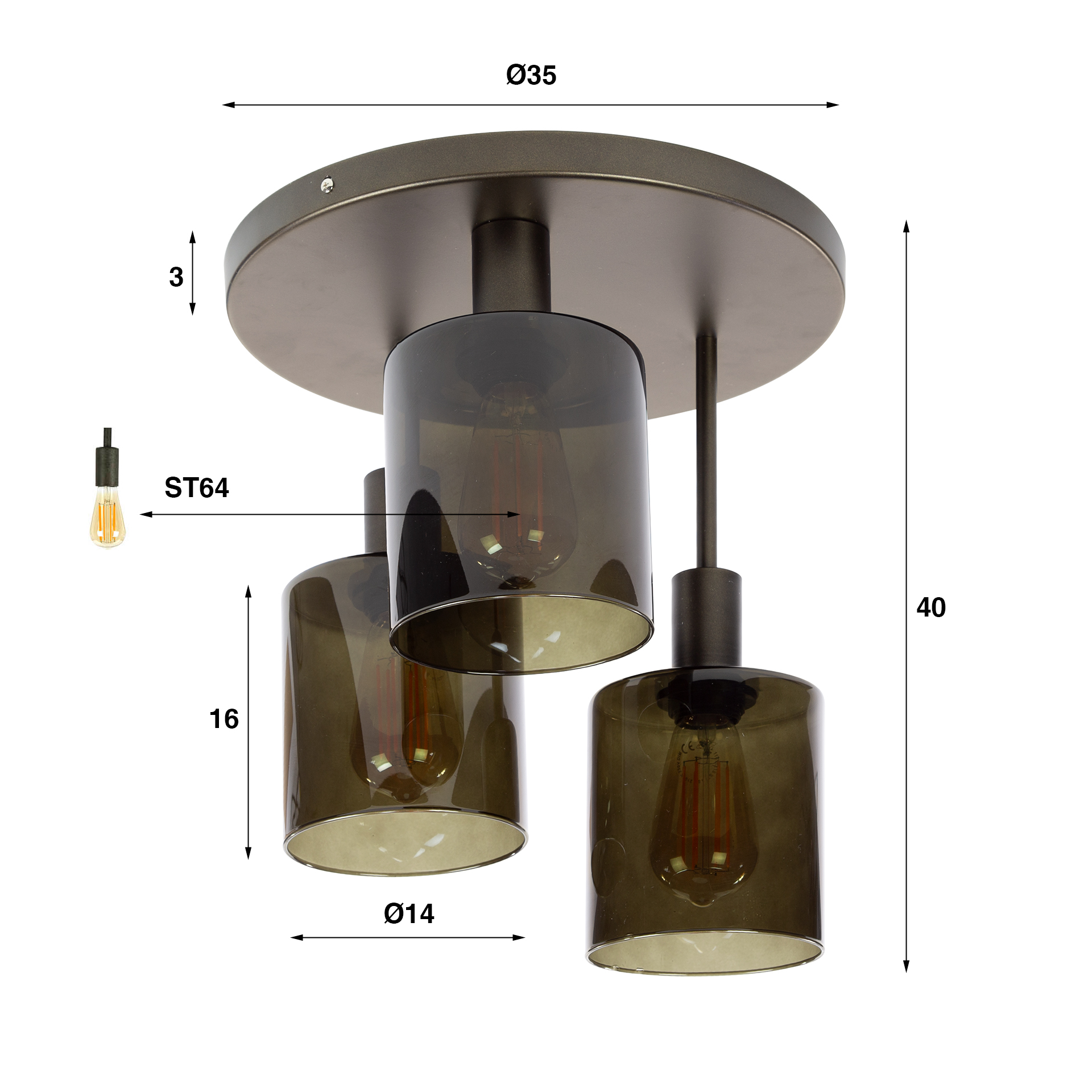 Plafondlamp Sepiora 3-lichts / Sienna bruin - Zijlstra