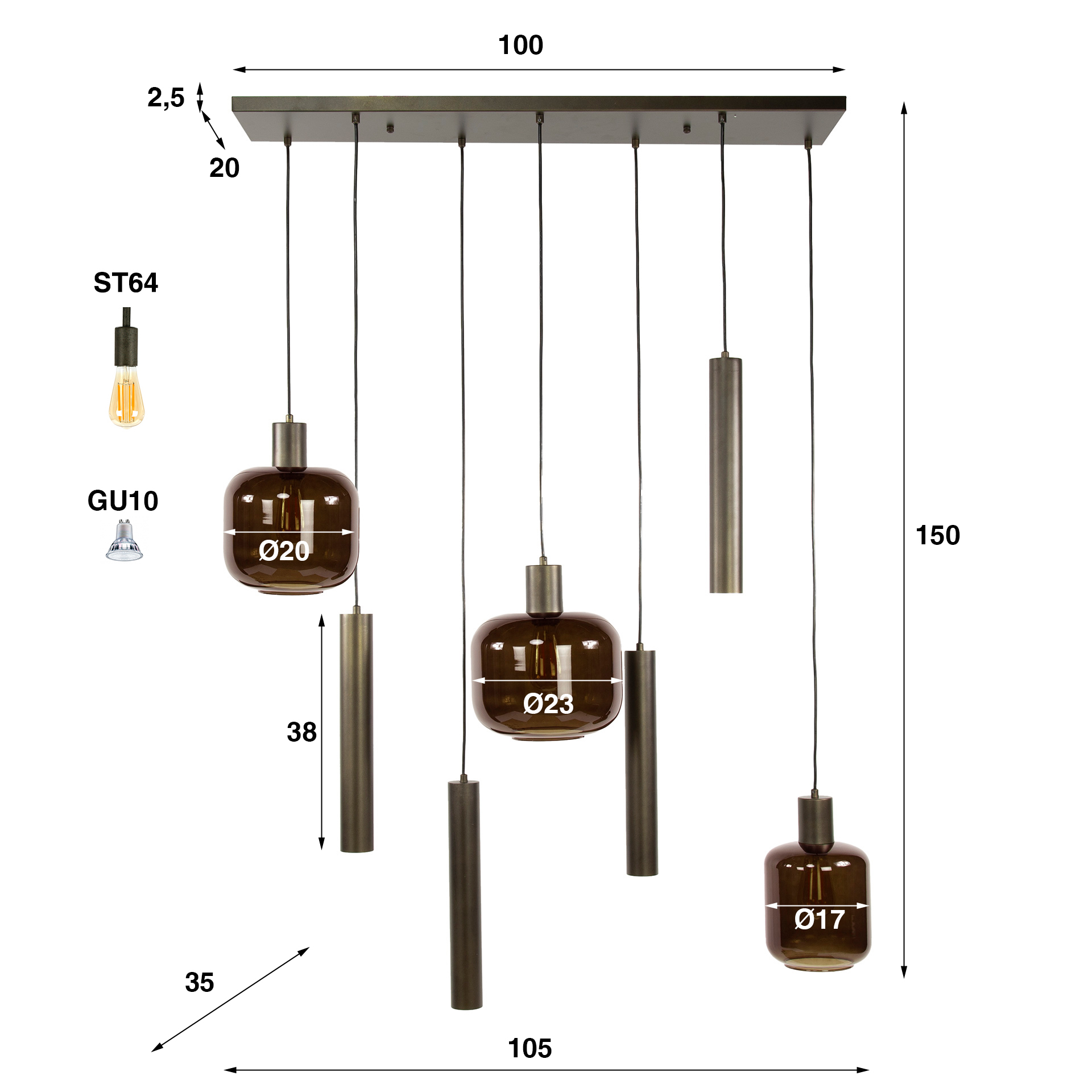 Hanglamp Bronza 4+3-lichts / Sienna bruin - Zijlstra